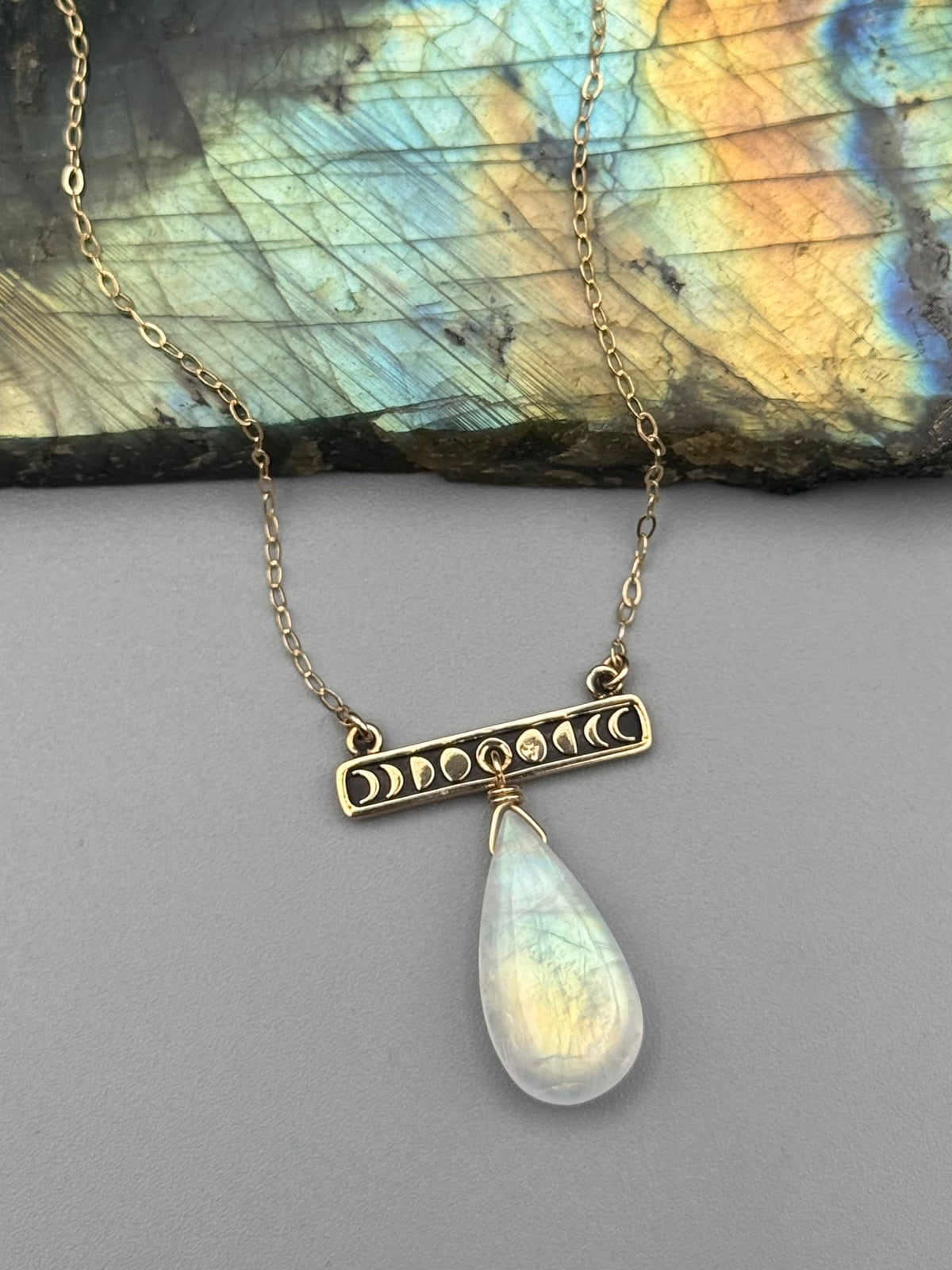 •NYX• rainbow moonstone + gold necklace (17"-19" long)