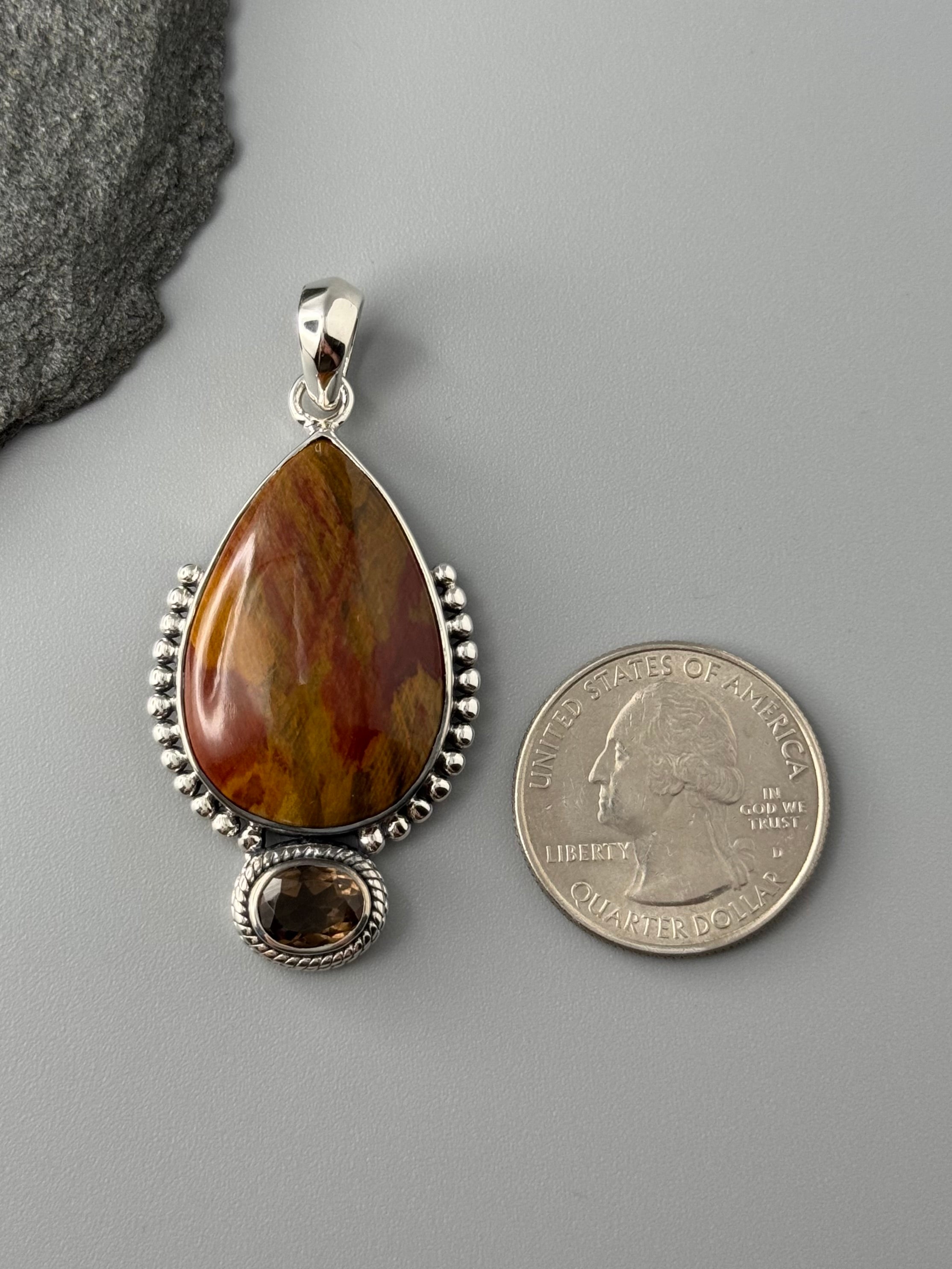 •PETRIFIED WOOD + SMOKY QUARTZ - 1• sterling silver pendant
