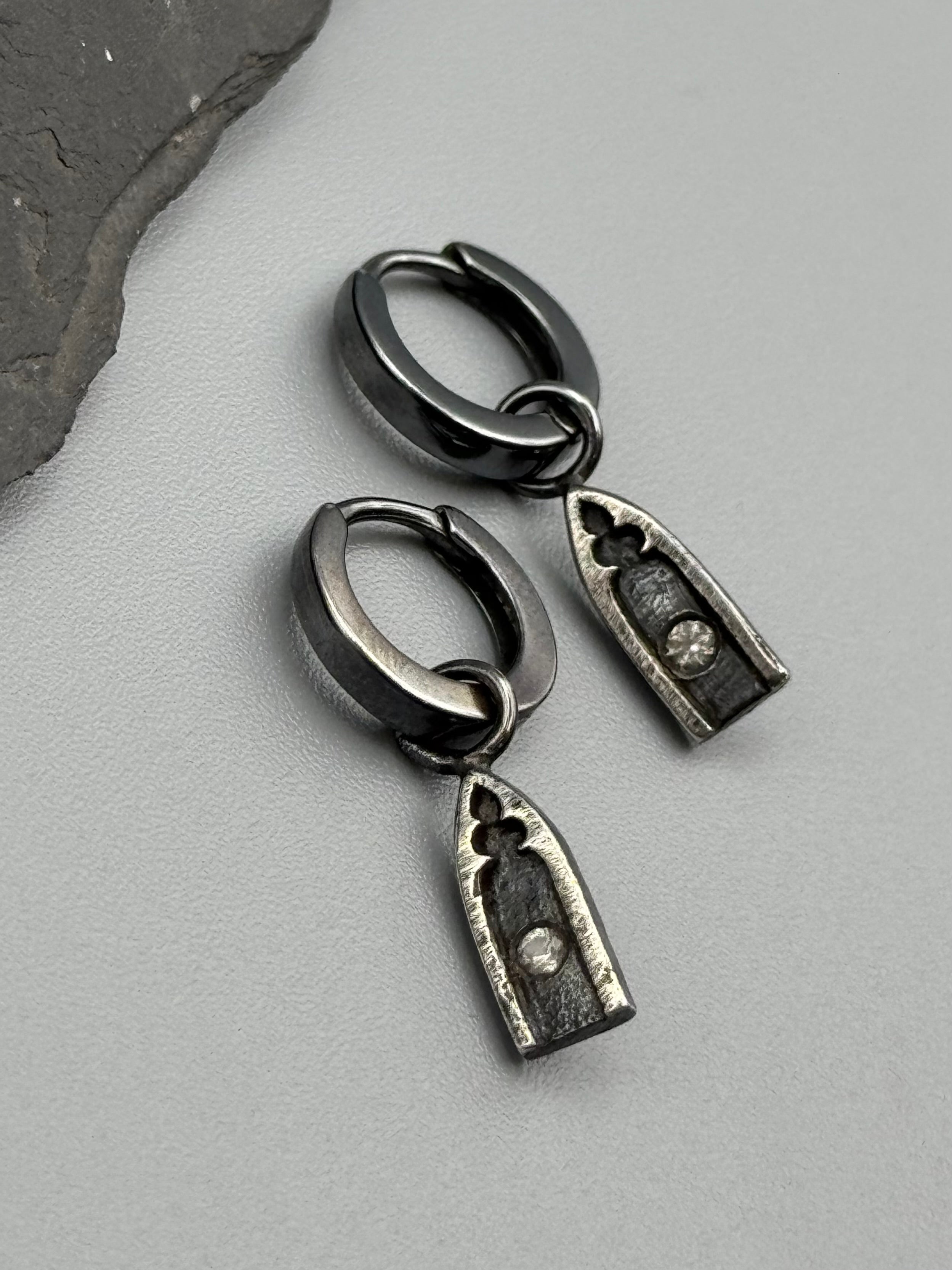 •LIL' GOTHIC ARCHES• white sapphire + silver huggie hoop earrings