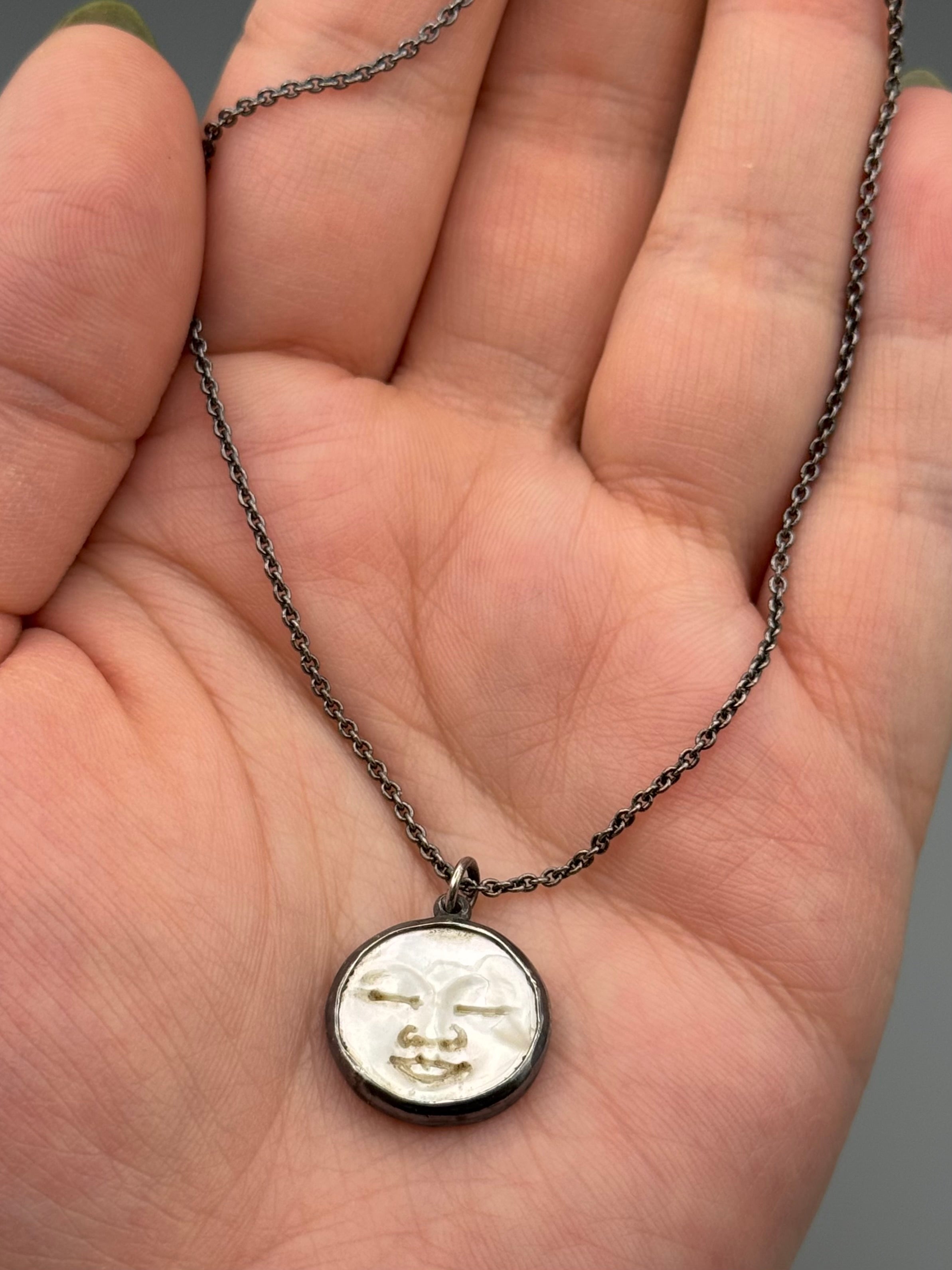 •PEARLESCENT LUNA• carved mother of pearl + silver necklace (16" long)