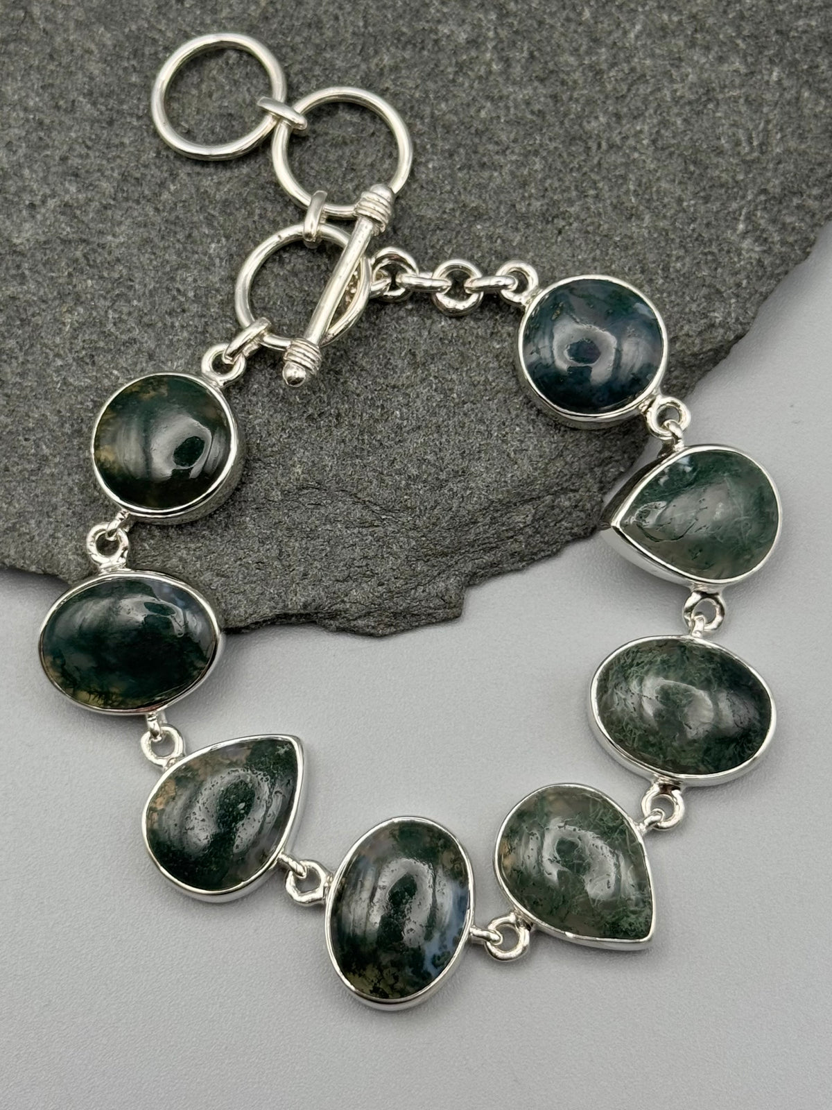 •MOSS AGATE - GEO MIX• linked silver bracelet (7.5" - 9")