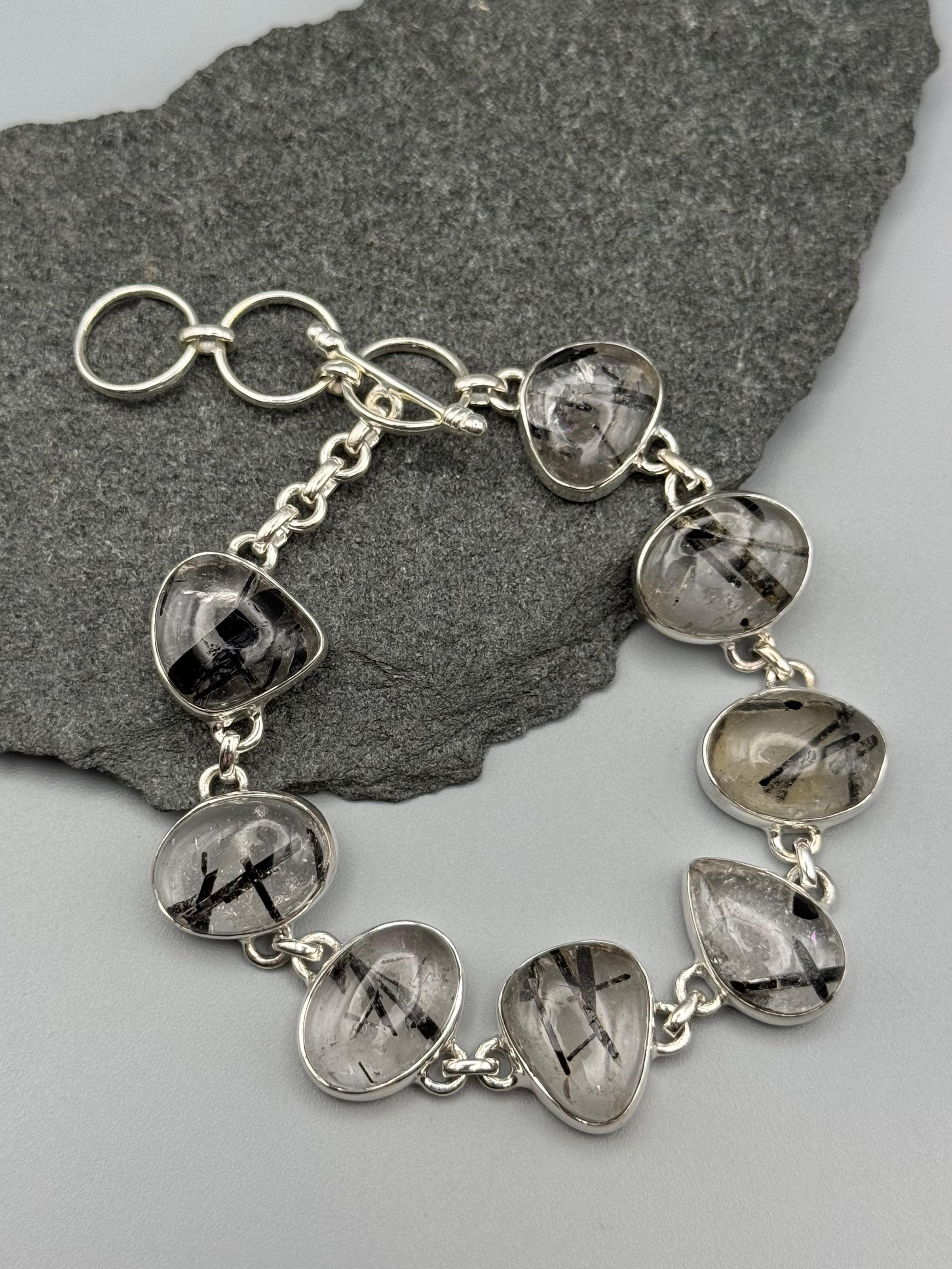 •TOURMALINATED QUARTZ - GEO MIX• linked silver bracelet (7" - 8.5")
