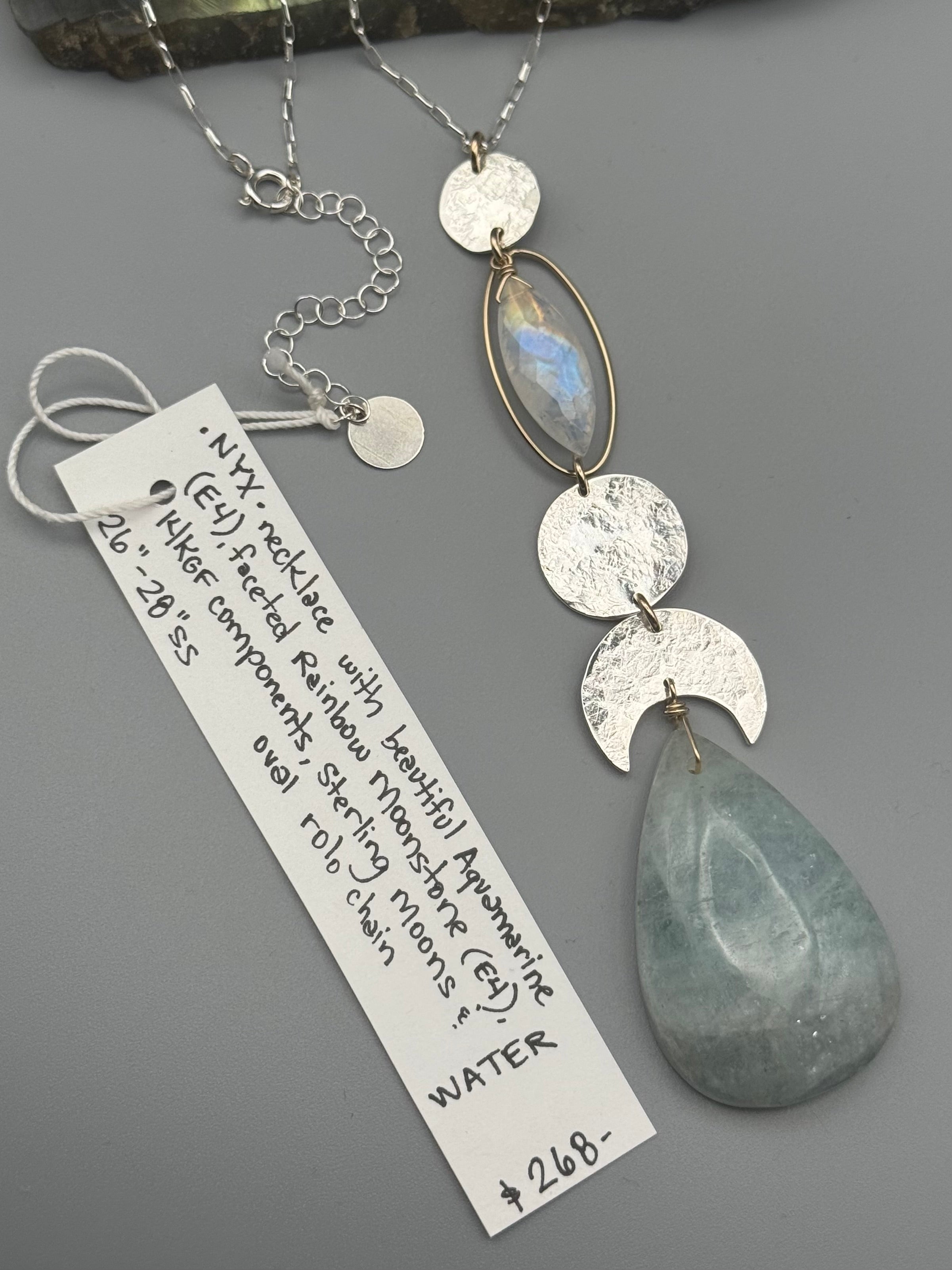 •NYX• rainbow moonstone + aquamarine mixed metal necklace (26"-28" long)