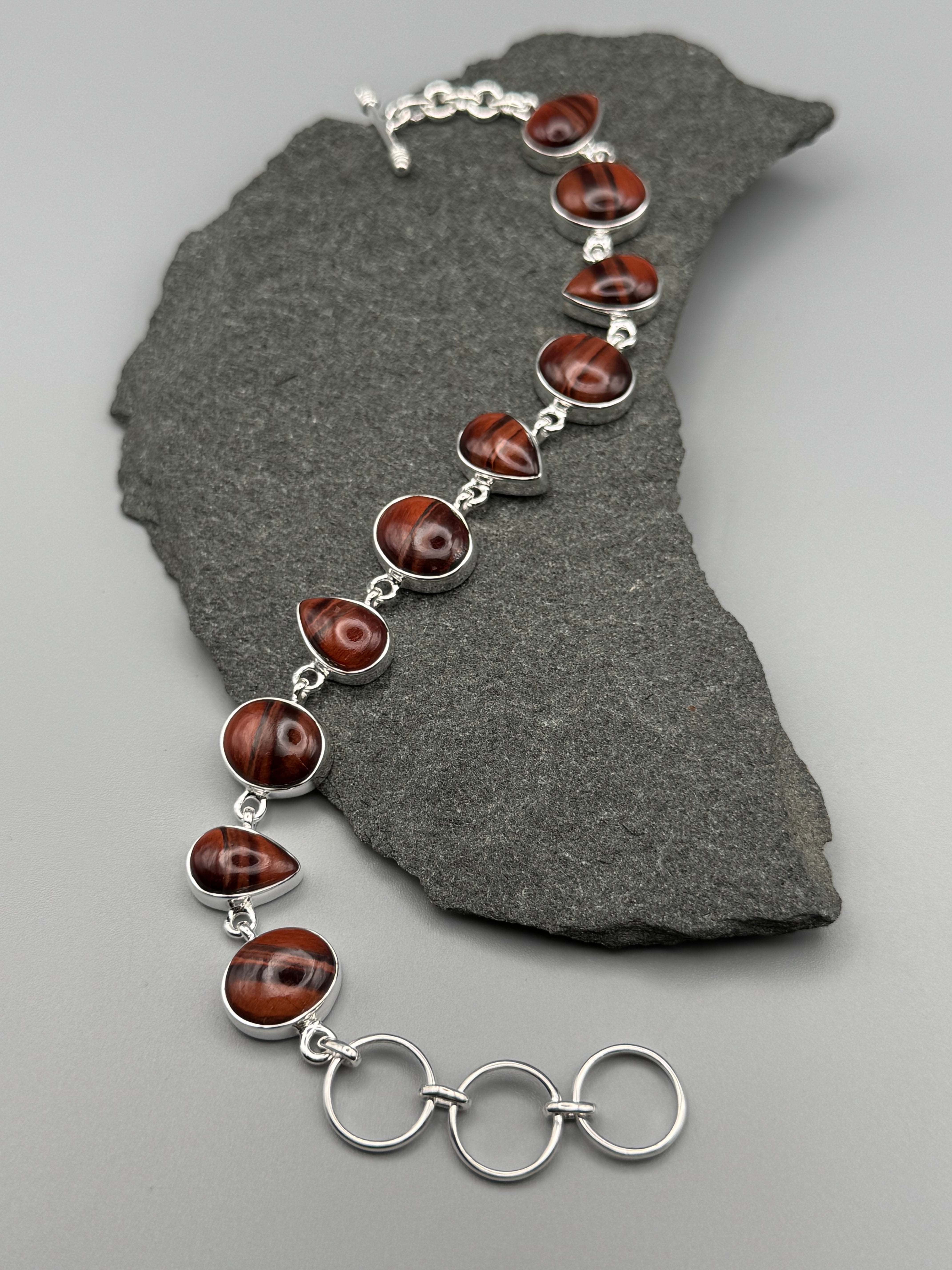 •RED TIGER EYE - GEO MIX• linked silver bracelet (7" - 8.25")