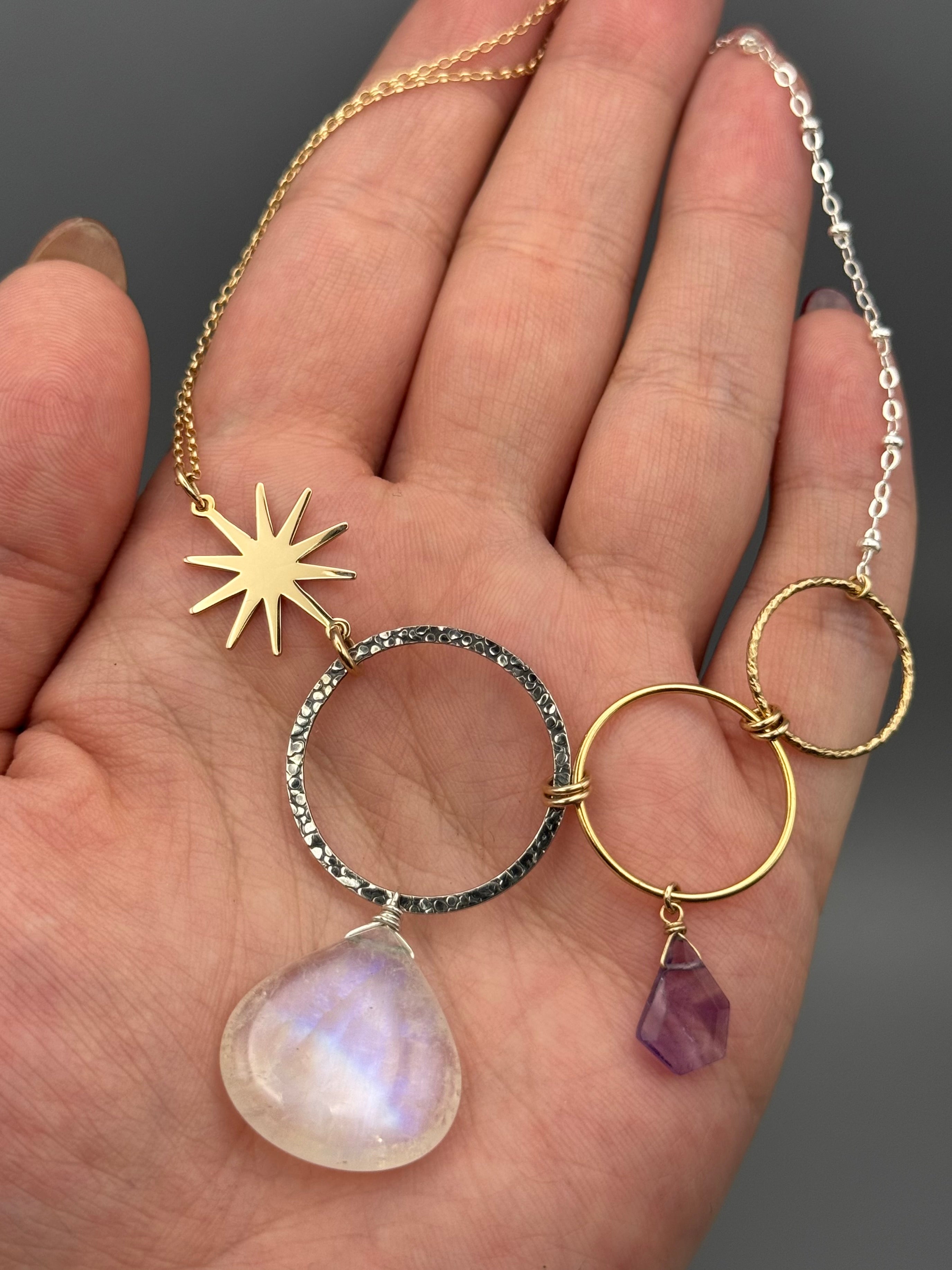 •UNION• rainbow moonstone + amethyst mixed metal necklace (18"-20" long)