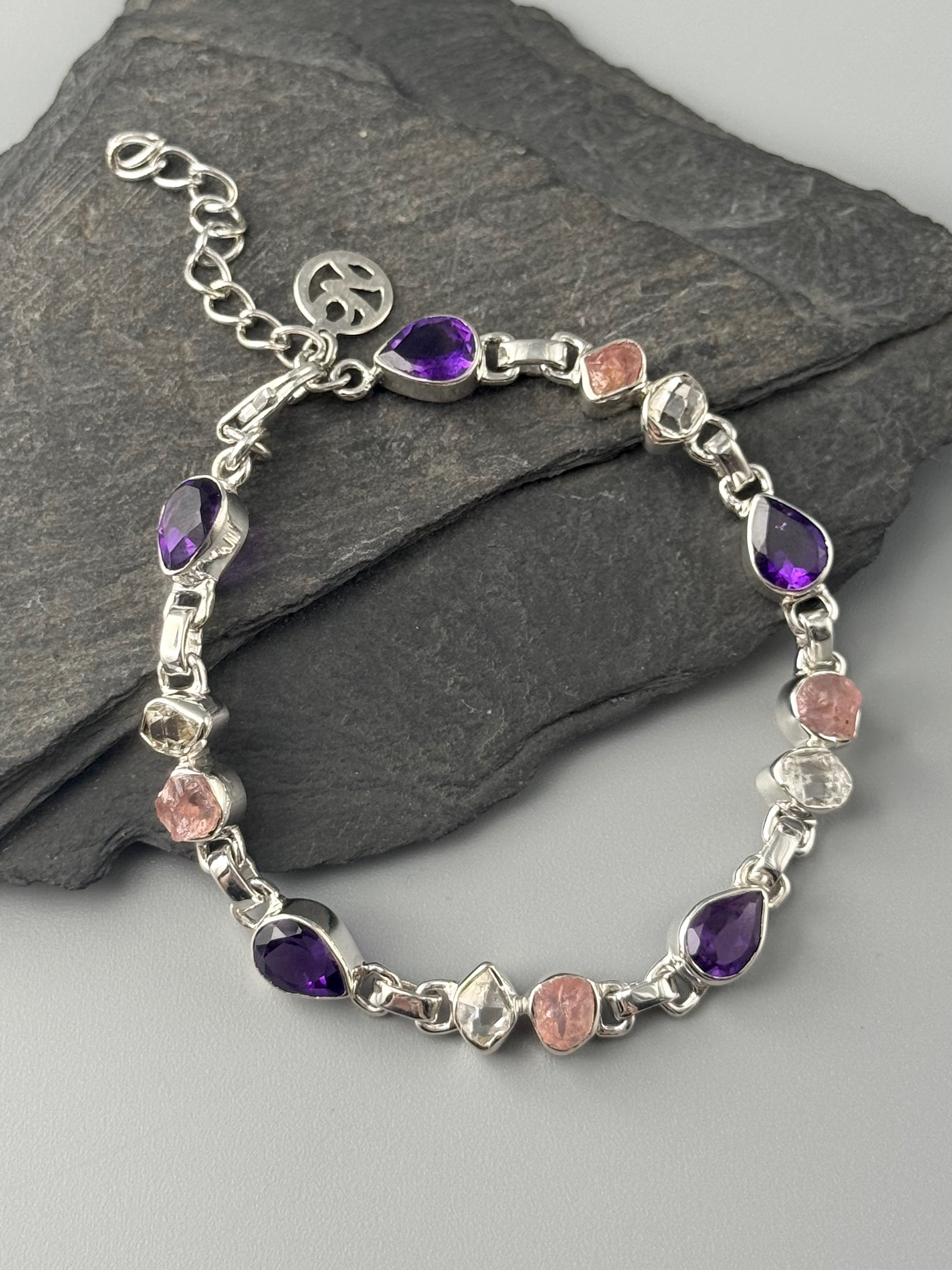 •AMETHYST + ROSE QUARTZ + HERKIMER• linked silver bracelet (6.75" - 8")