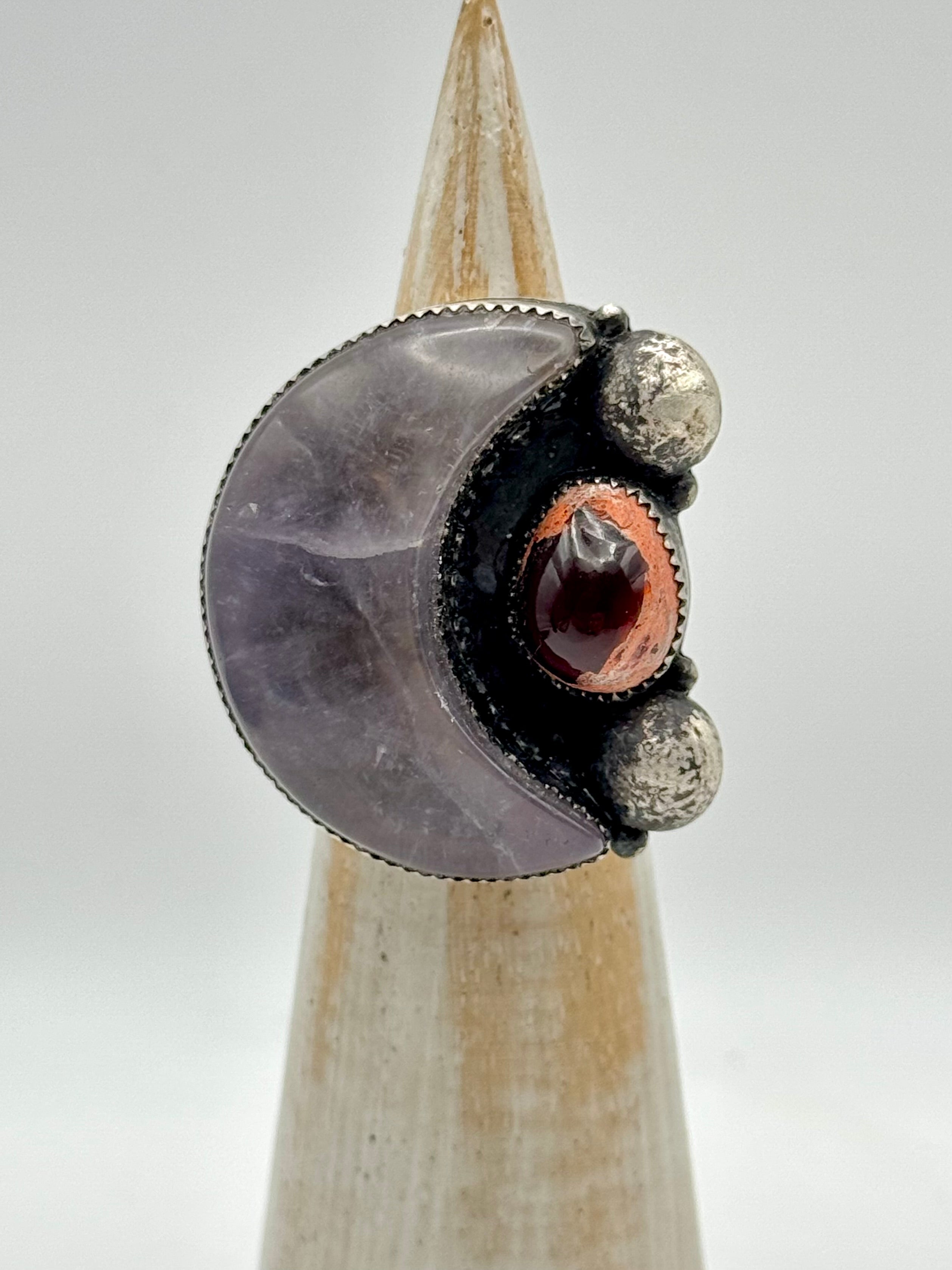 •LUNAR• amethyst + mexican fire opal + silver ring (size 8)