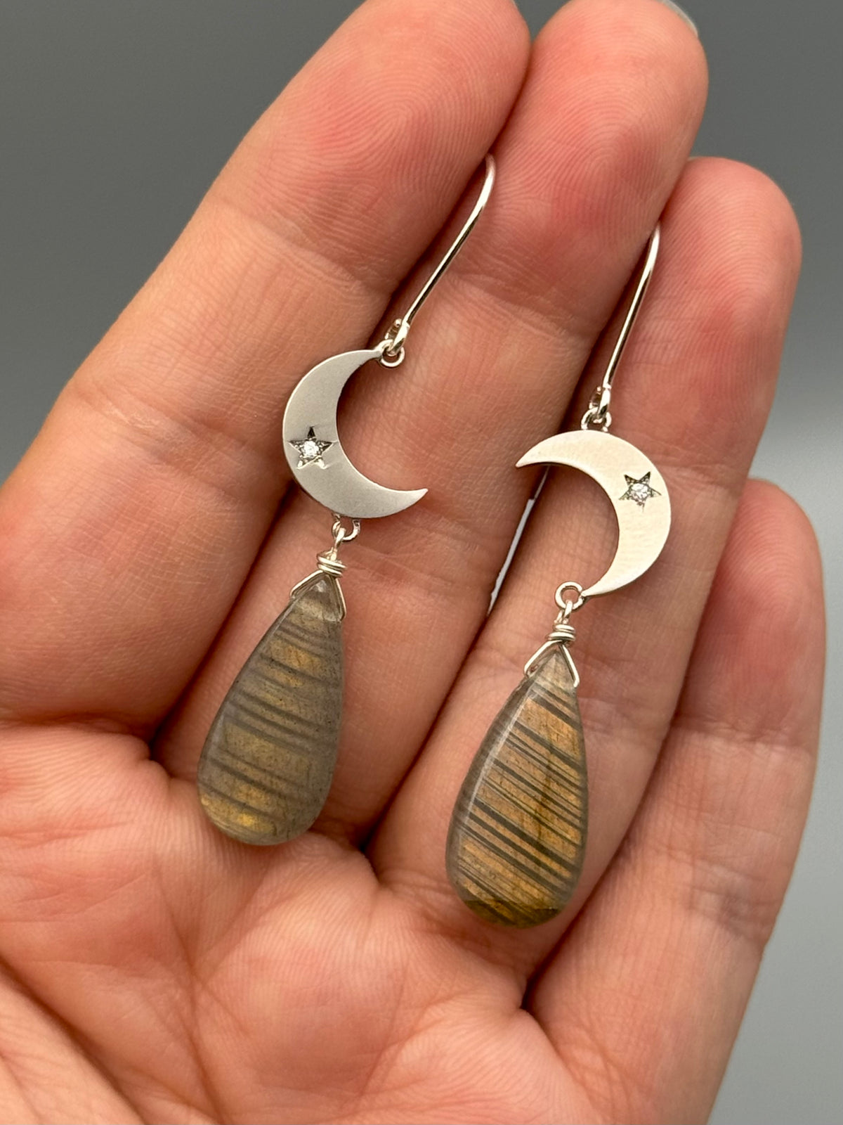 •CRYSTAL CRESCENT• golden labradorite tear + silver earrings