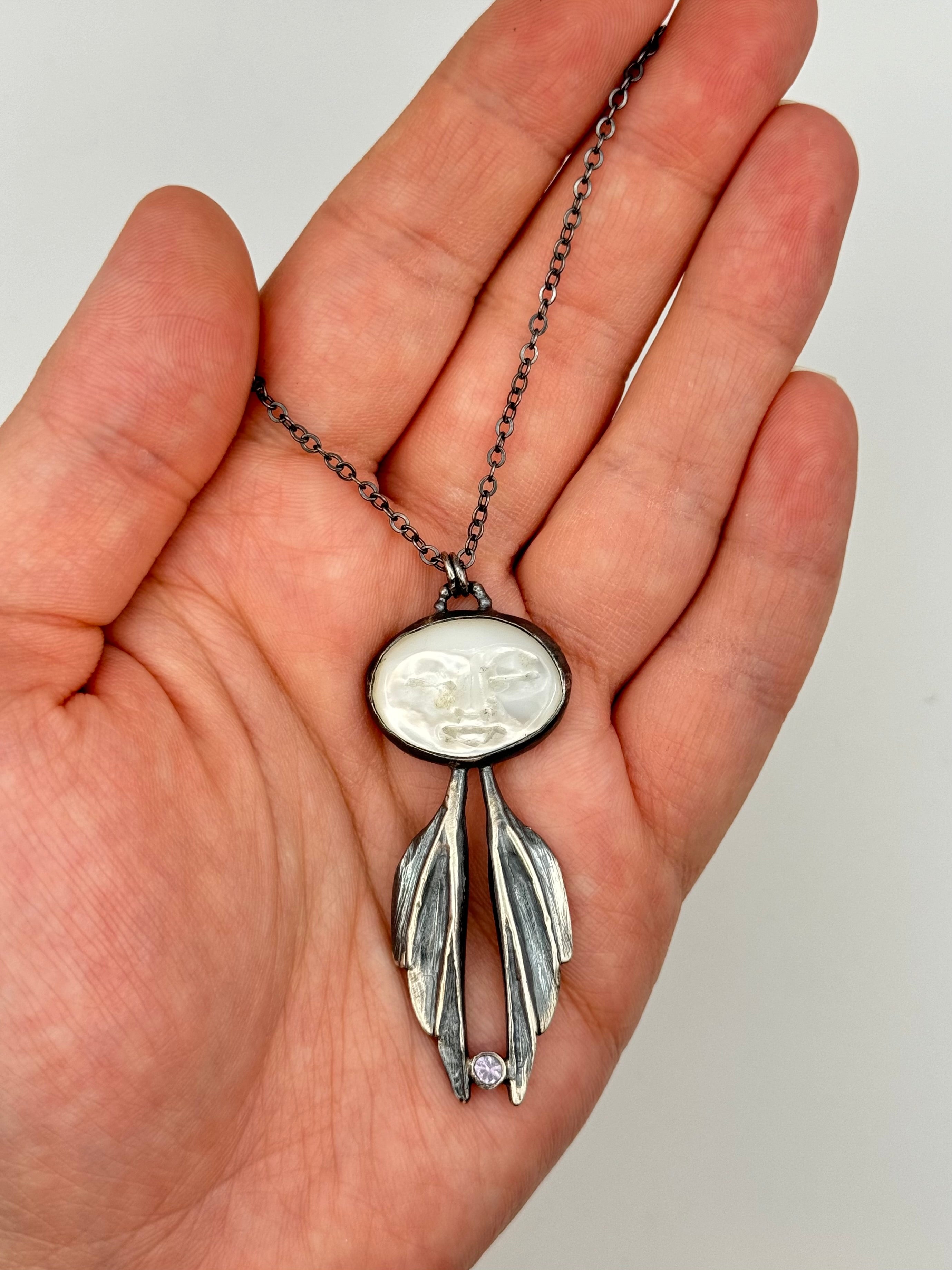 •WINGED MOTHER• carved mother of pearl + sapphire + silver necklace