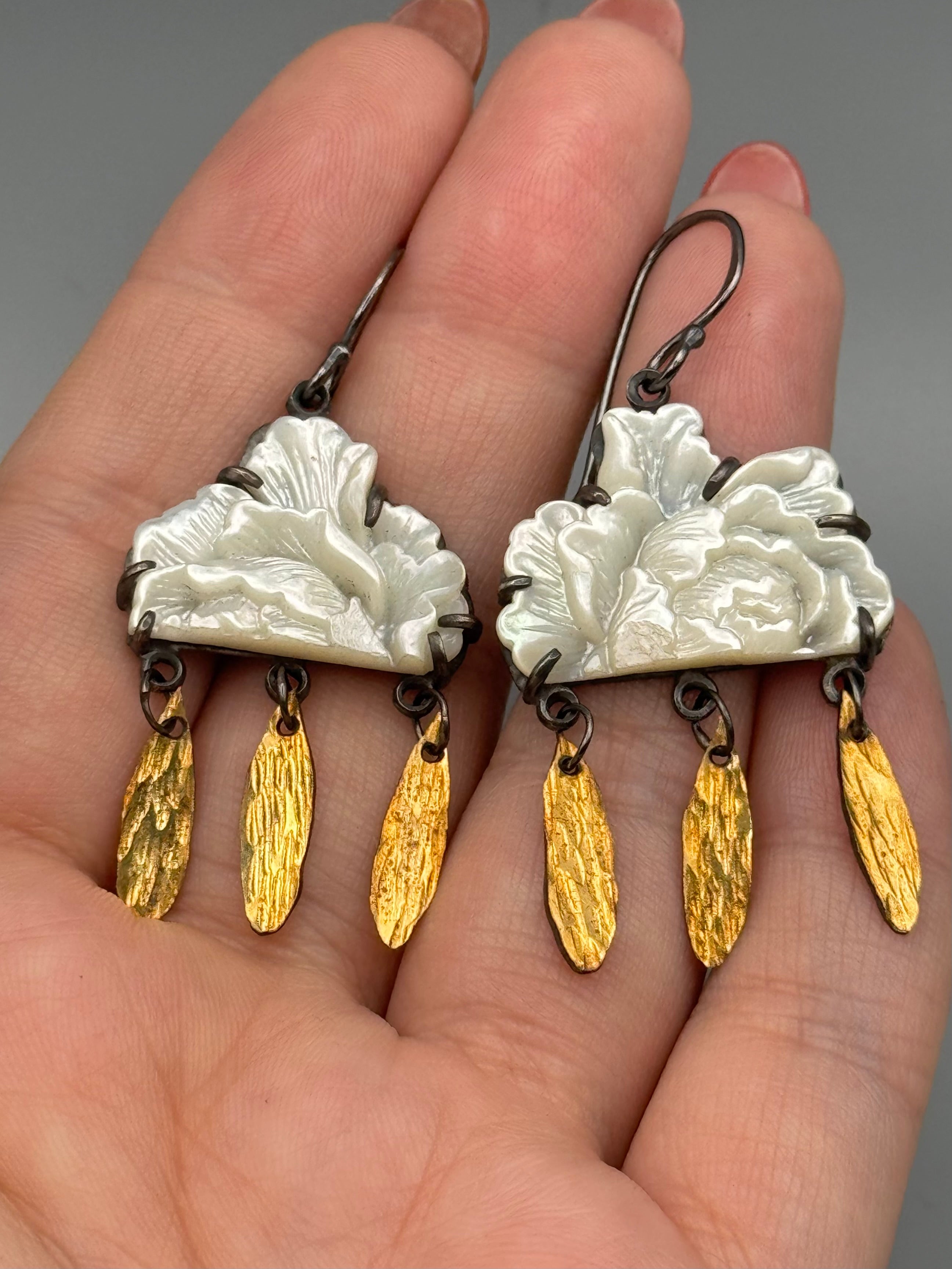 •RAIN FLOWER• carved mother of pearl + mixed metal dangle earrings
