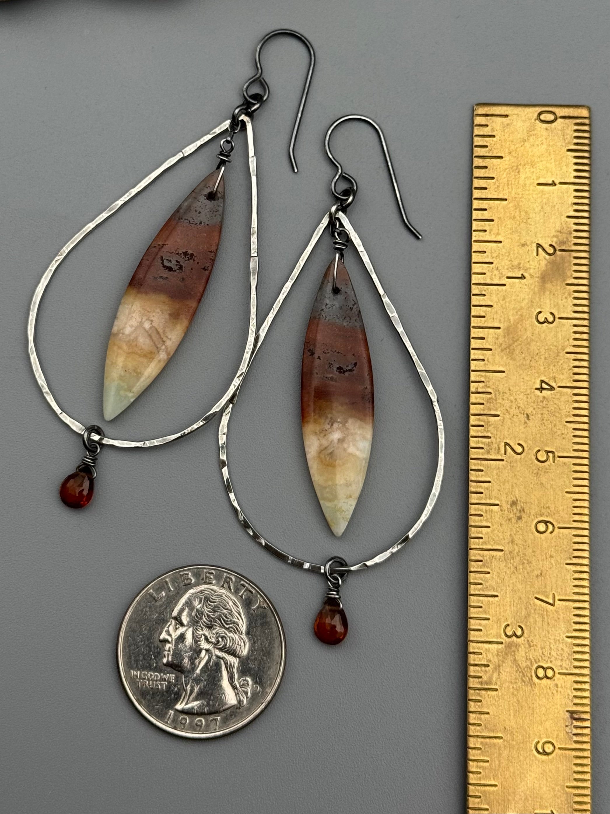 •DRIP DROP• opalized wood jasper + hessonite garnet silver earrings