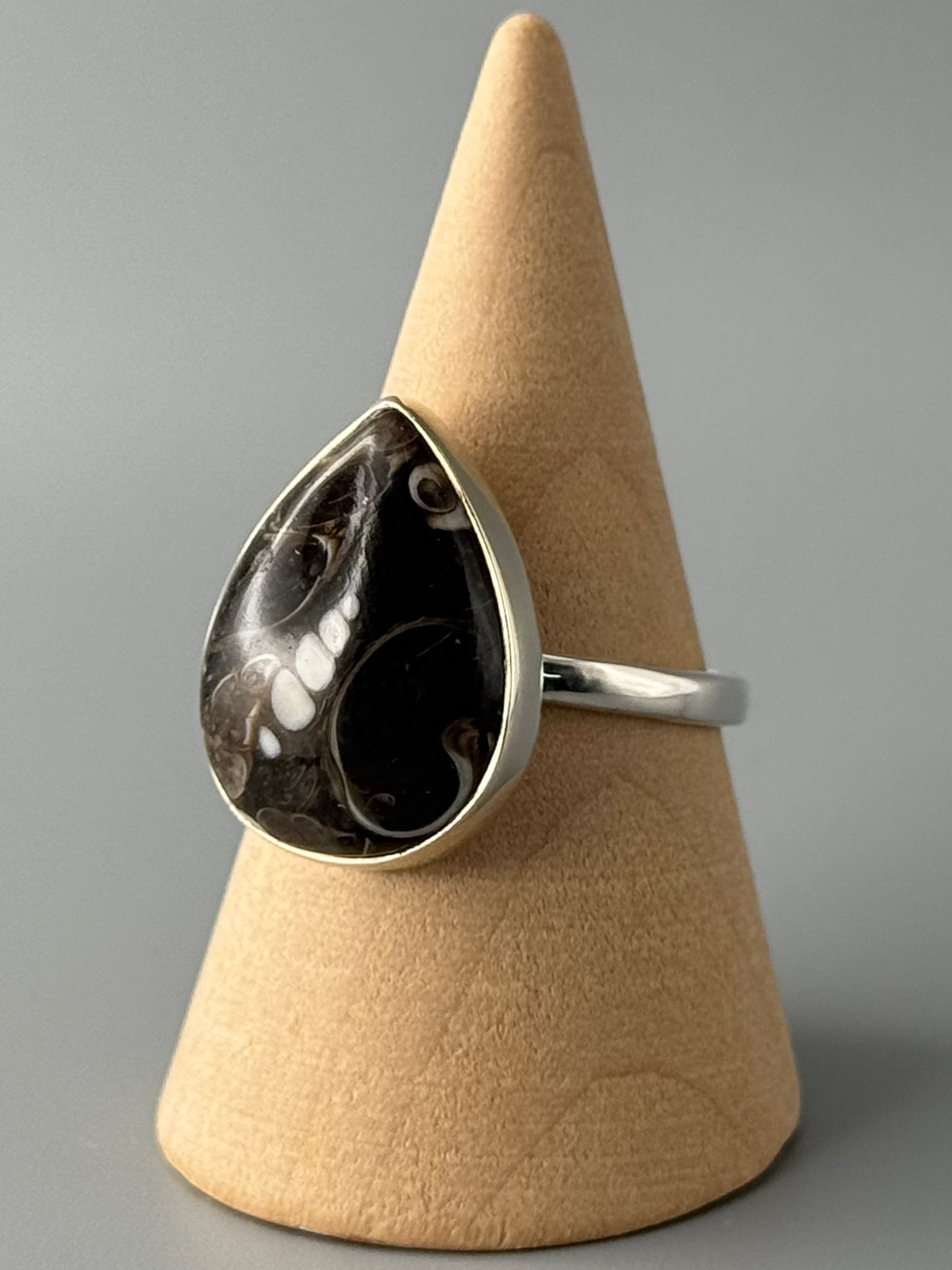 •TURRITELLA FOSSIL - TEAR• simple bezel silver ring (size 10)