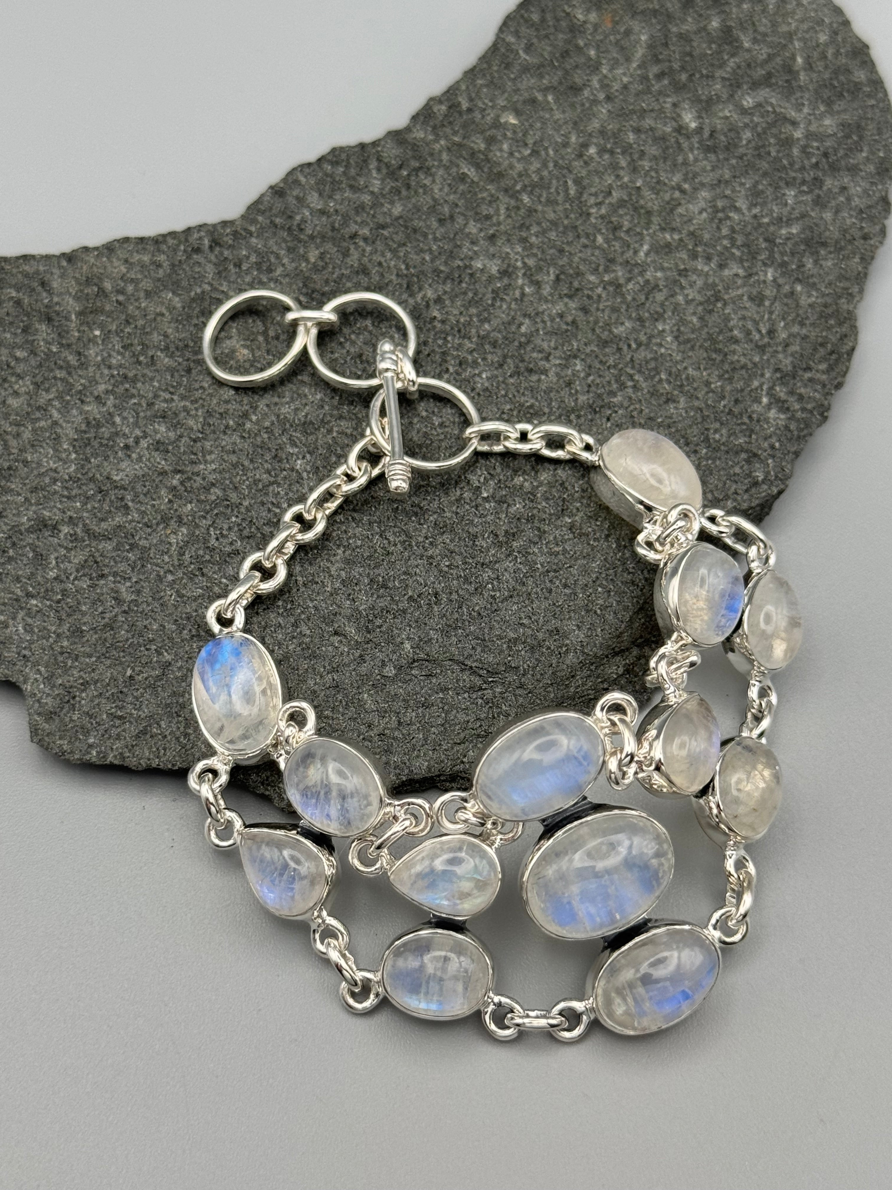 •RAINBOW MOONSTONE - TAPERED• linked silver bracelet (7.25” - 8.5")