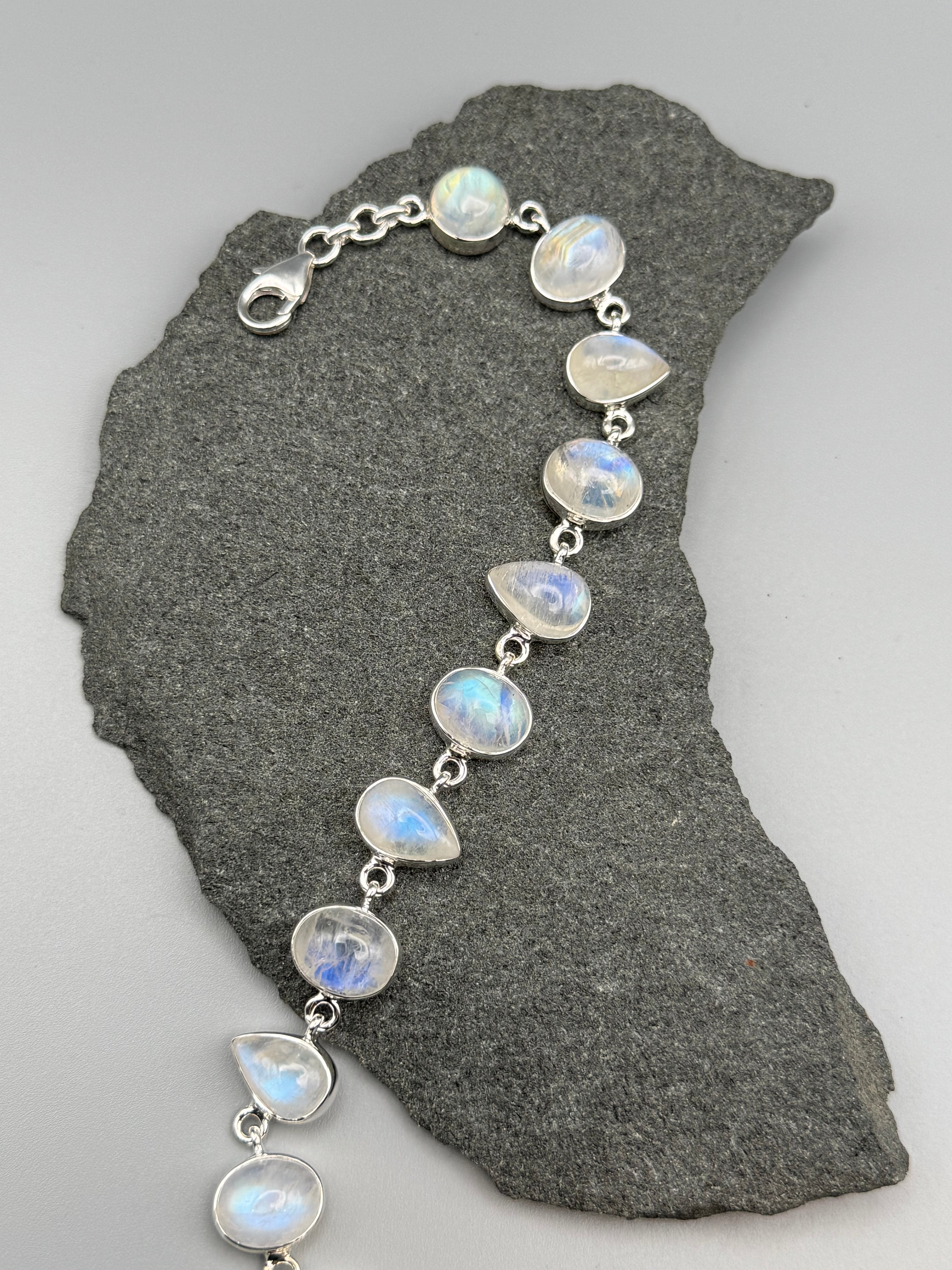 •RAINBOW MOONSTONE - GEO MIX• linked silver bracelet (7.5" - 9")