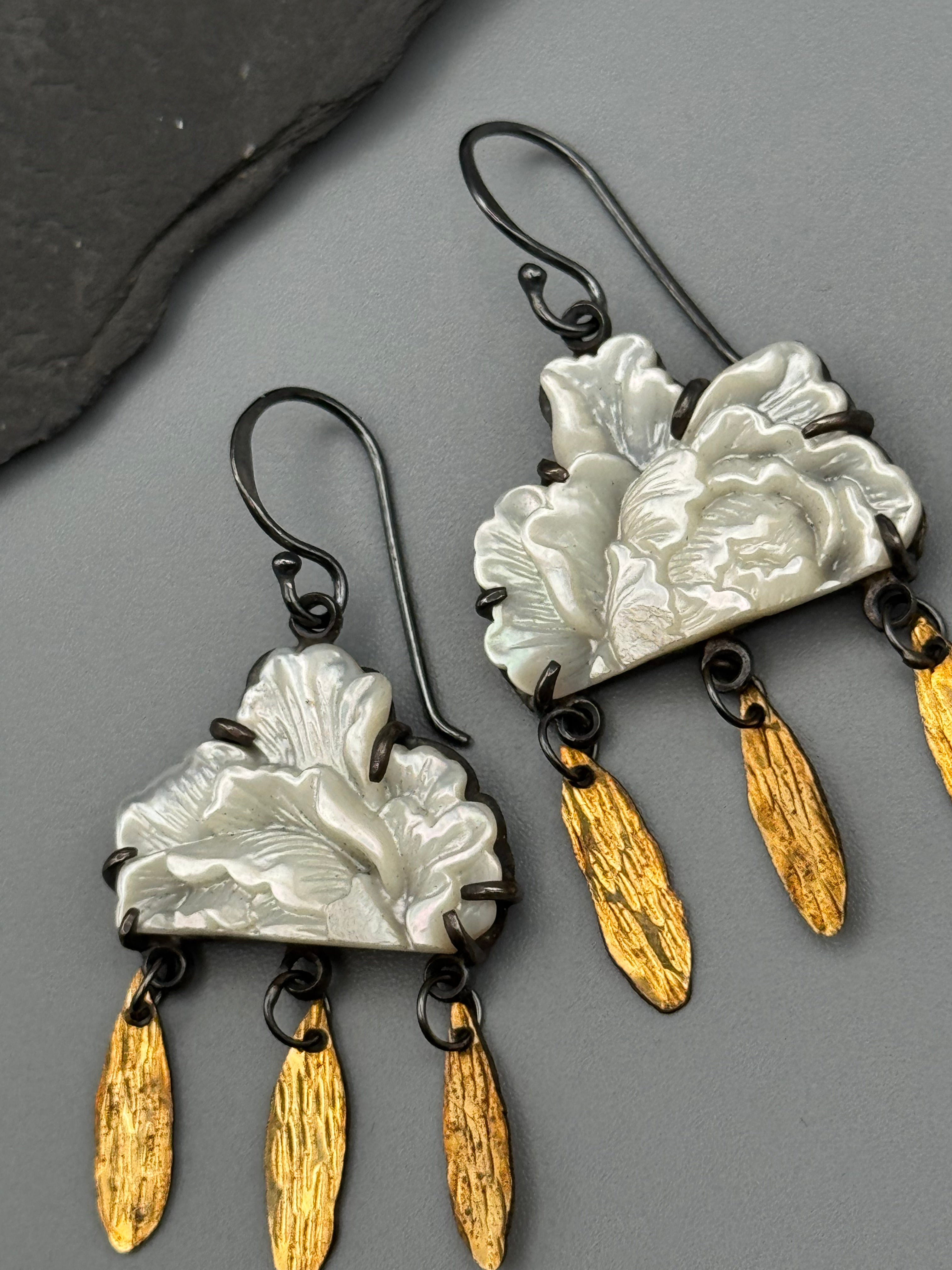 •RAIN FLOWER• carved mother of pearl + mixed metal dangle earrings