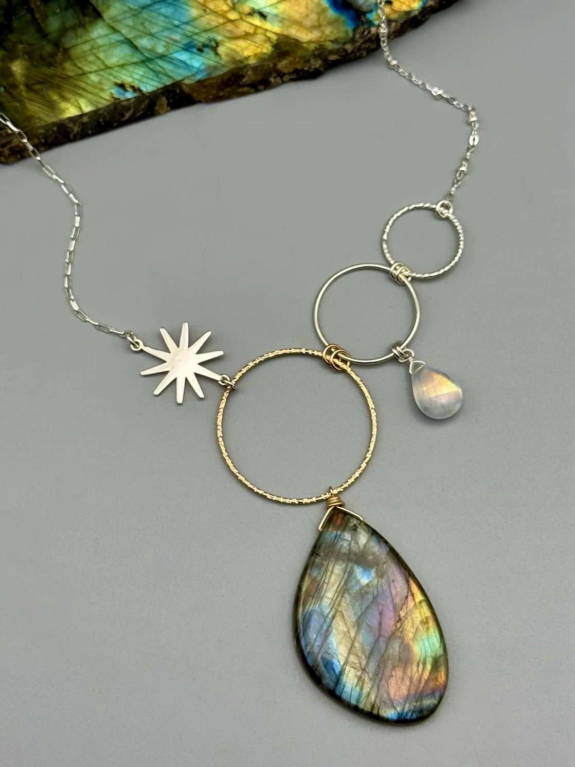 •UNION• rainbow moonstone + labradorite mixed metal necklace (16"-18" long)