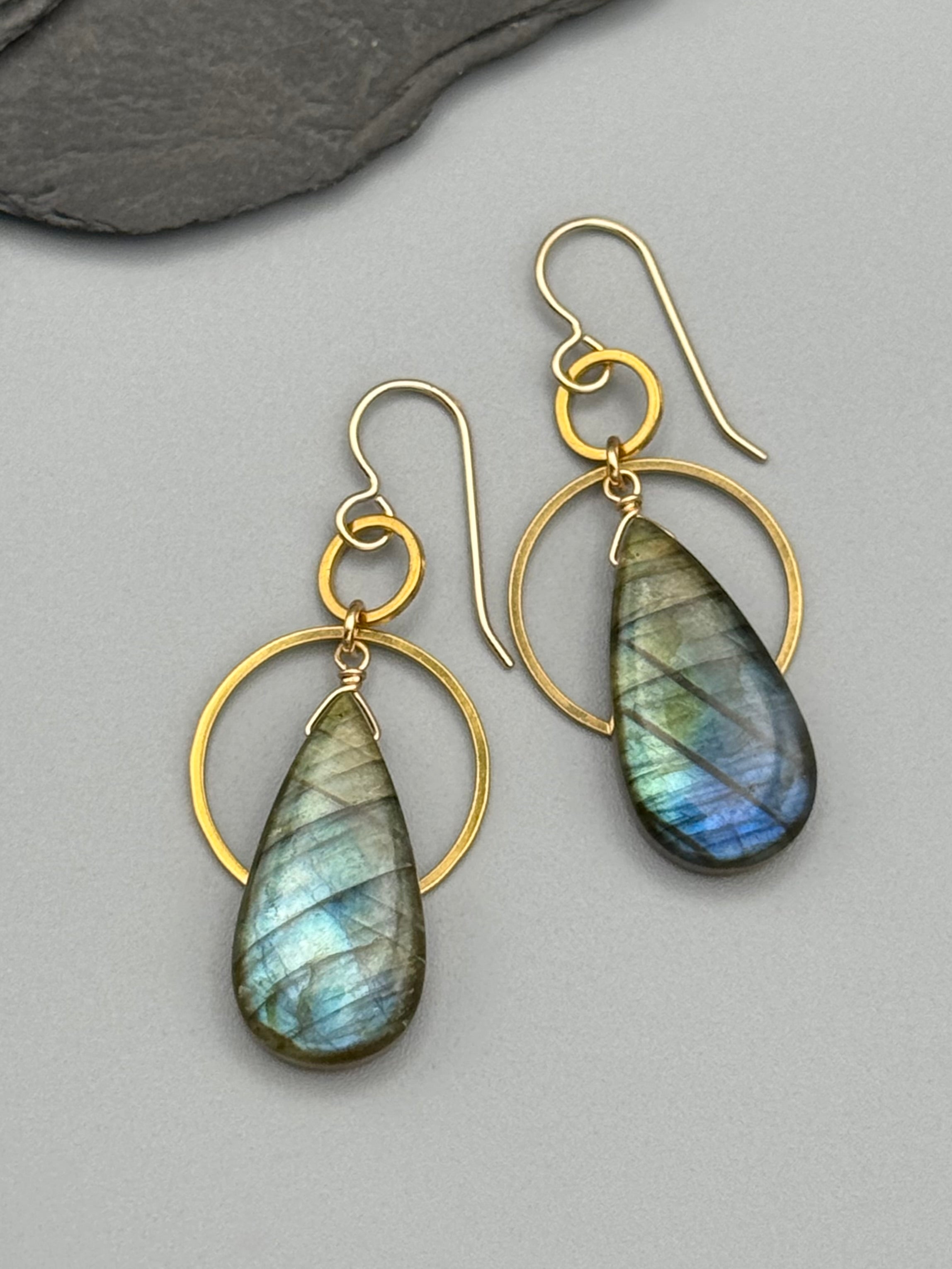 •EQUA-ORBIT• labradorite teardrop + gold earrings