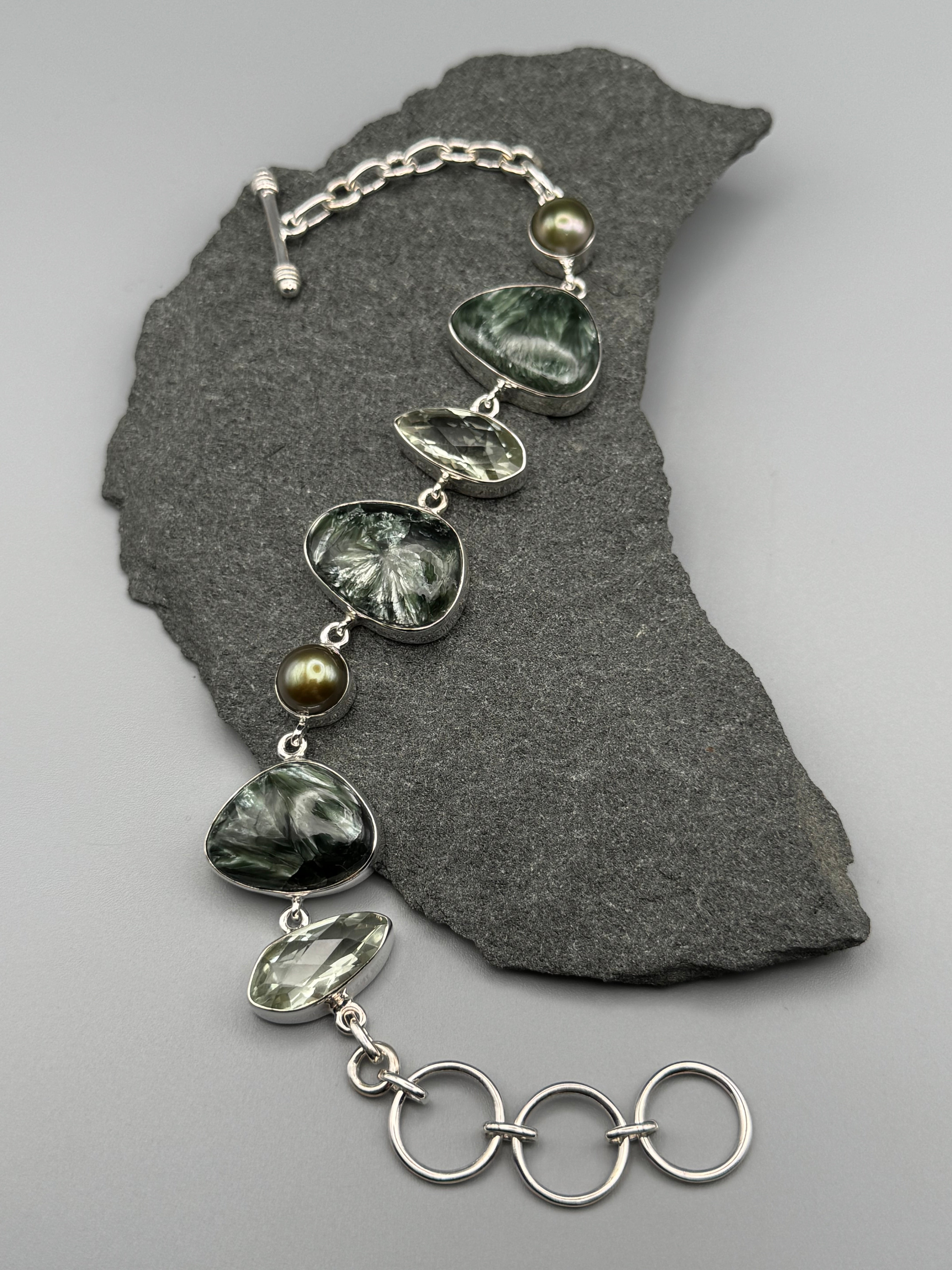 •SERAPHINITE - MULTI-STONE• linked silver bracelet (7.25" - 8.5")