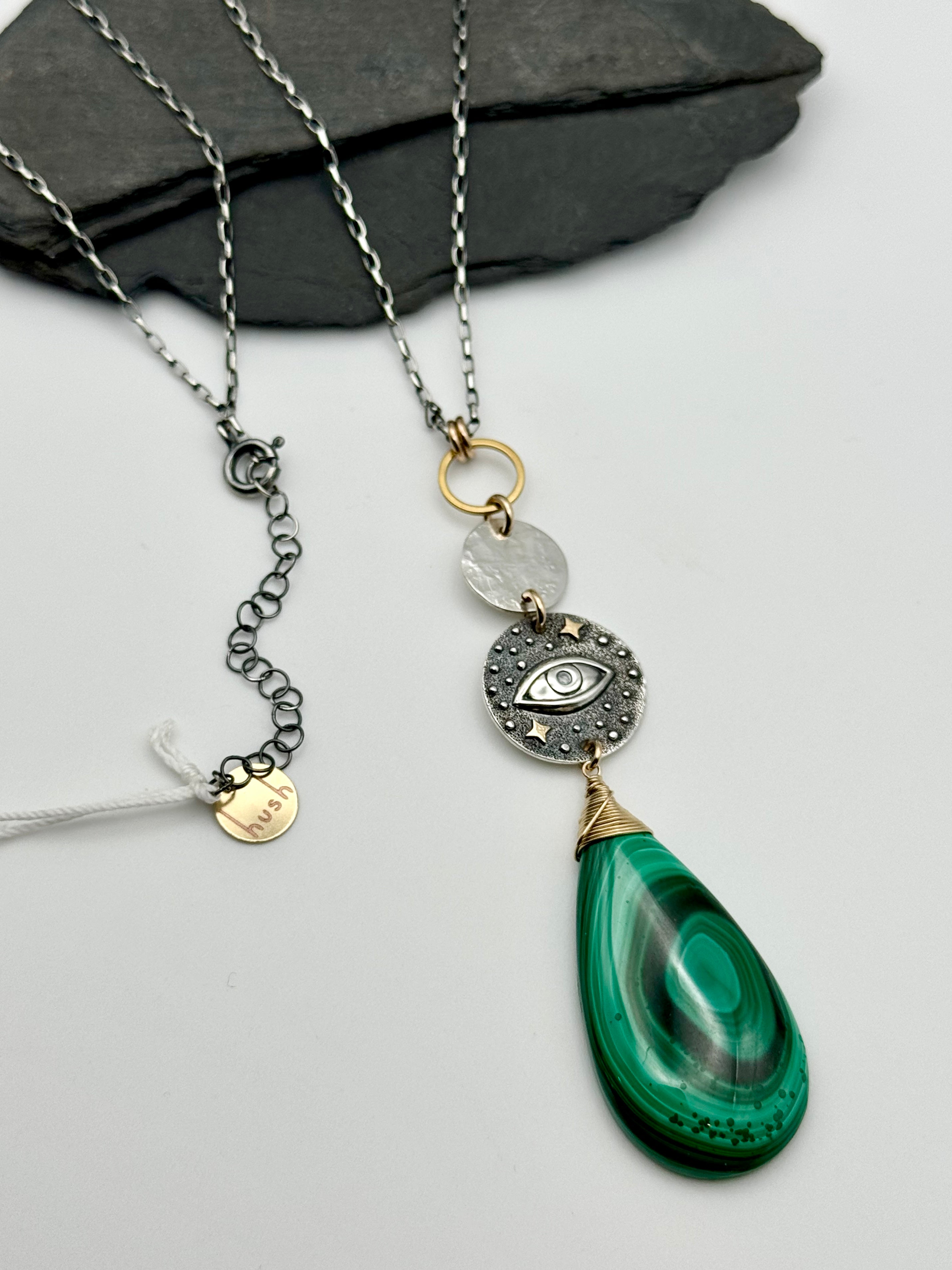 •WISDOM SEEKER• malachite + eye + mixed metal necklace (26"-28" long)