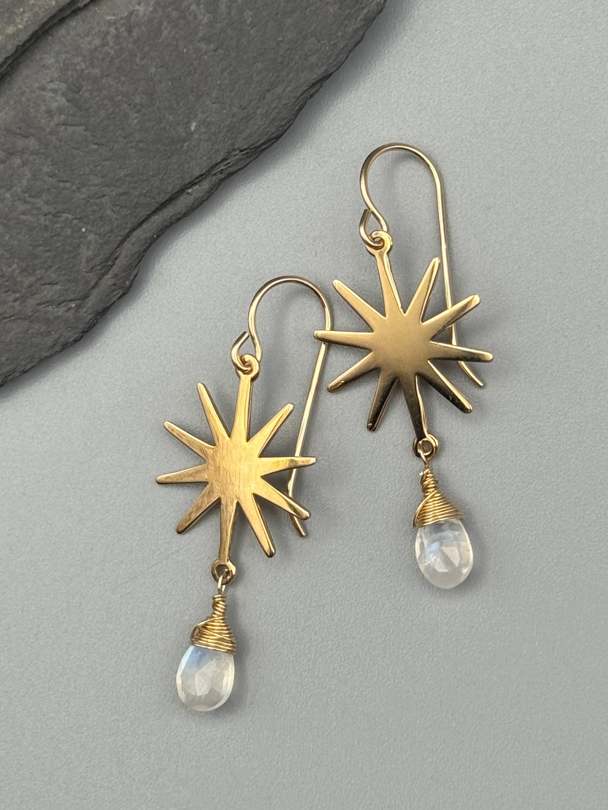 •STARBURST• rainbow moonstone + gold earrings