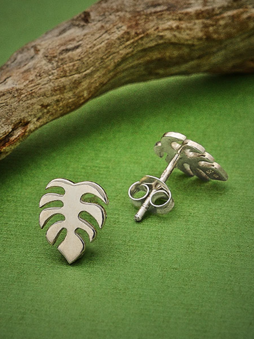 •SMALL FLAT MONSTERA• recycled silver stud earrings