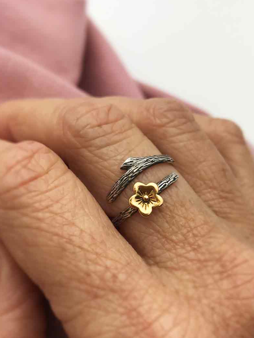 •BLOSSOM & BRANCH• adjustable recycled silver + bronze ring