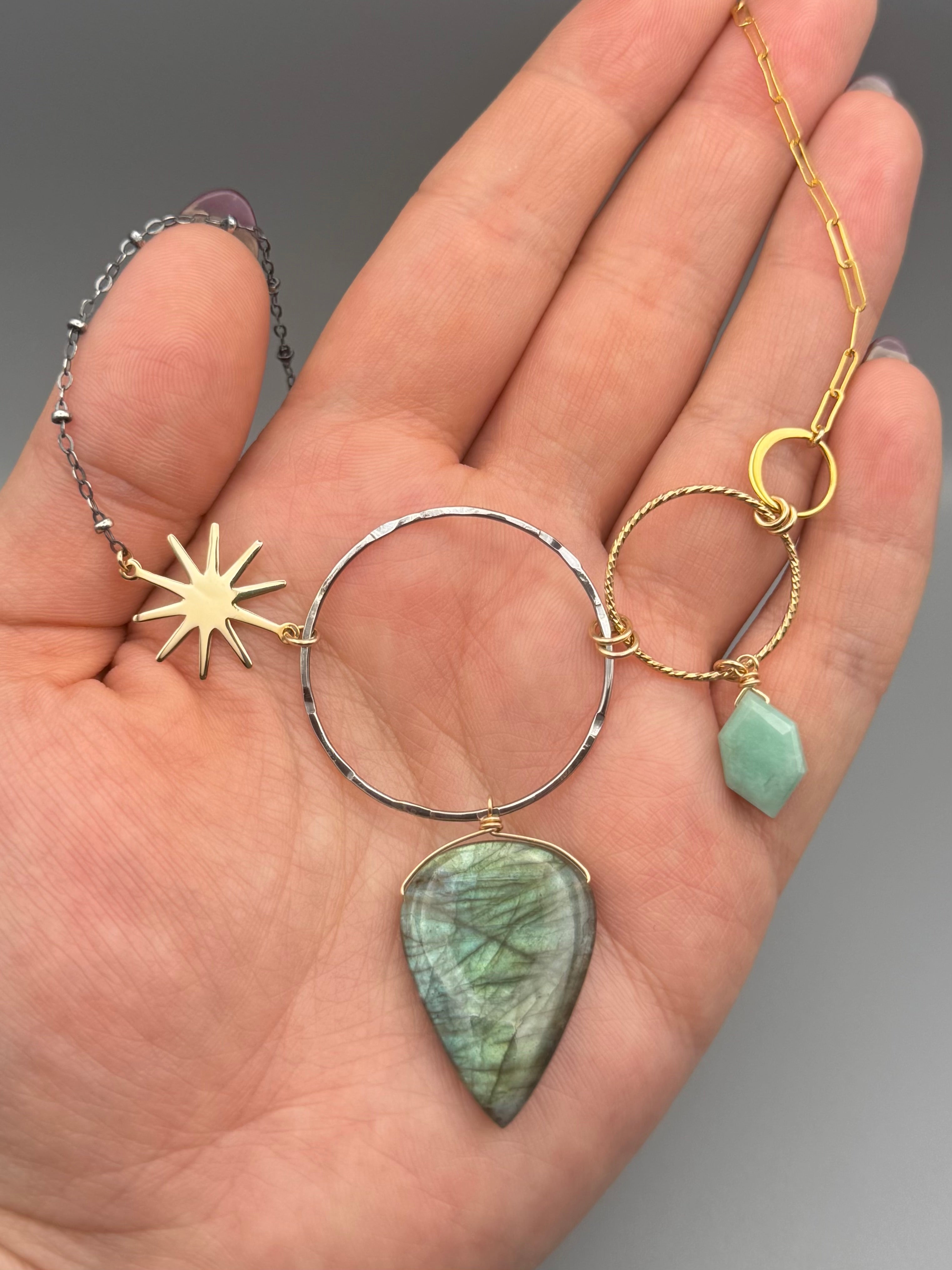 •UNION• emerald + labradorite mixed metal necklace (16"-18" long)