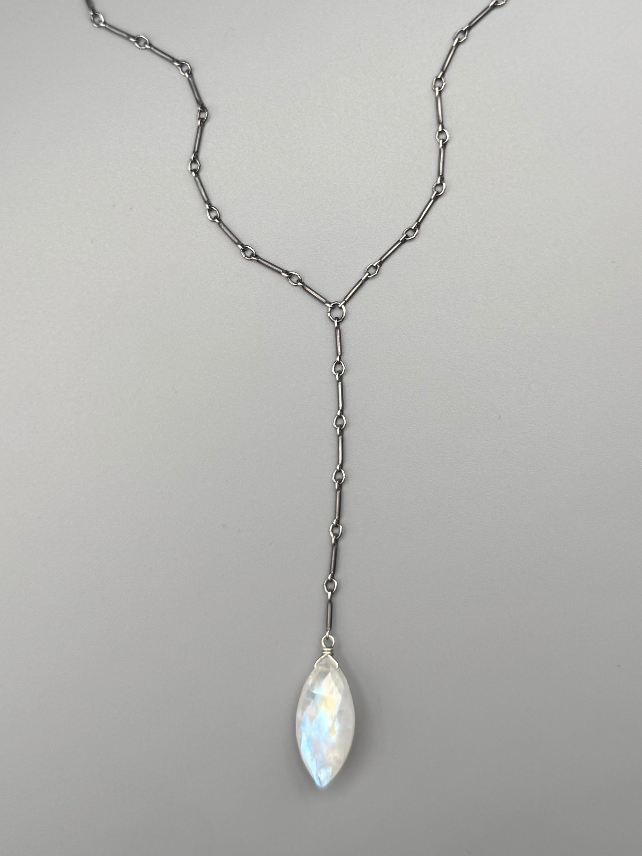 •STICKS & STONE• rainbow moonstone marquise + silver necklace (18"-20" + 3" drop)