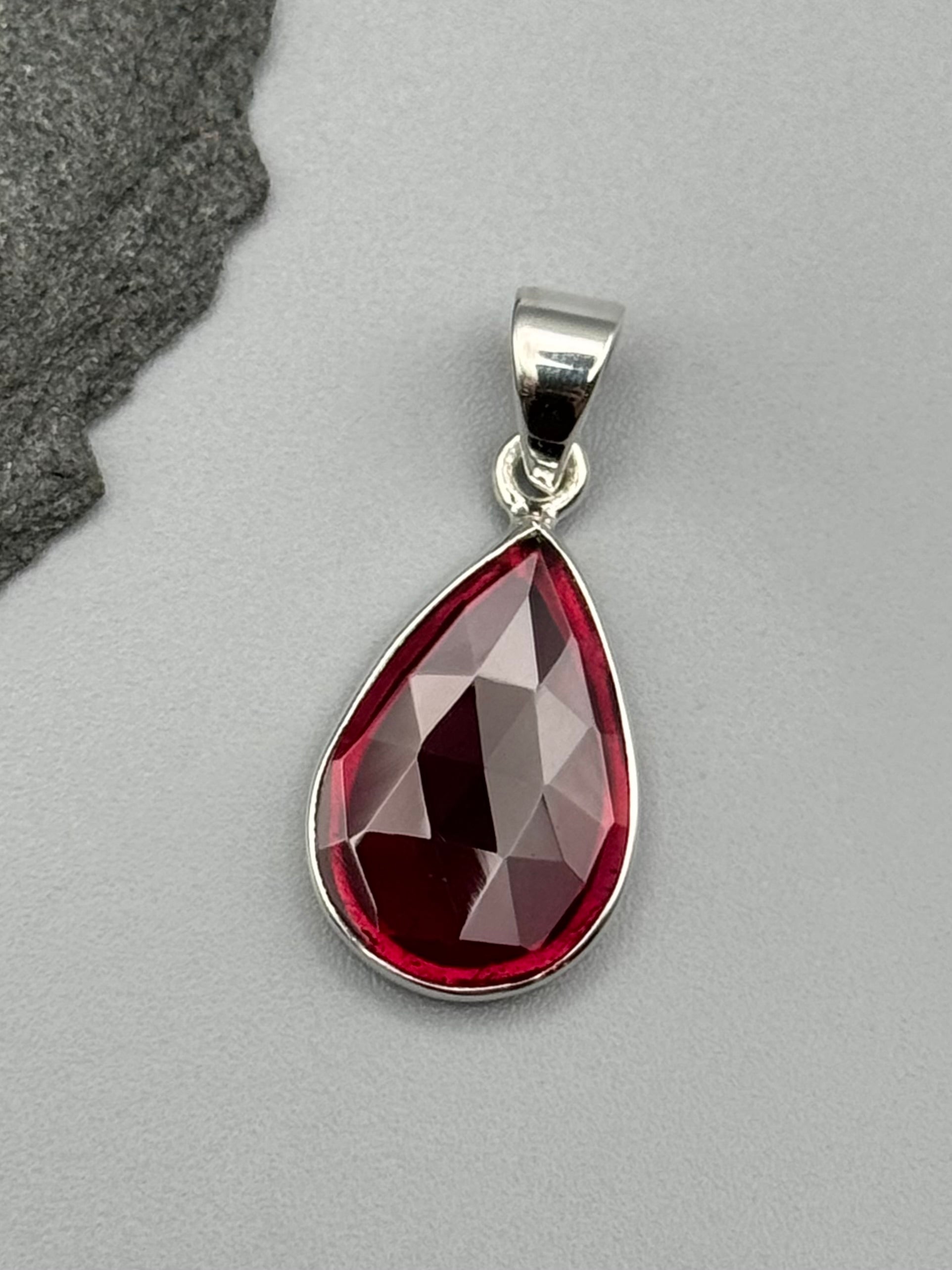 •GARNET - FACETED TEAR• sterling silver pendant