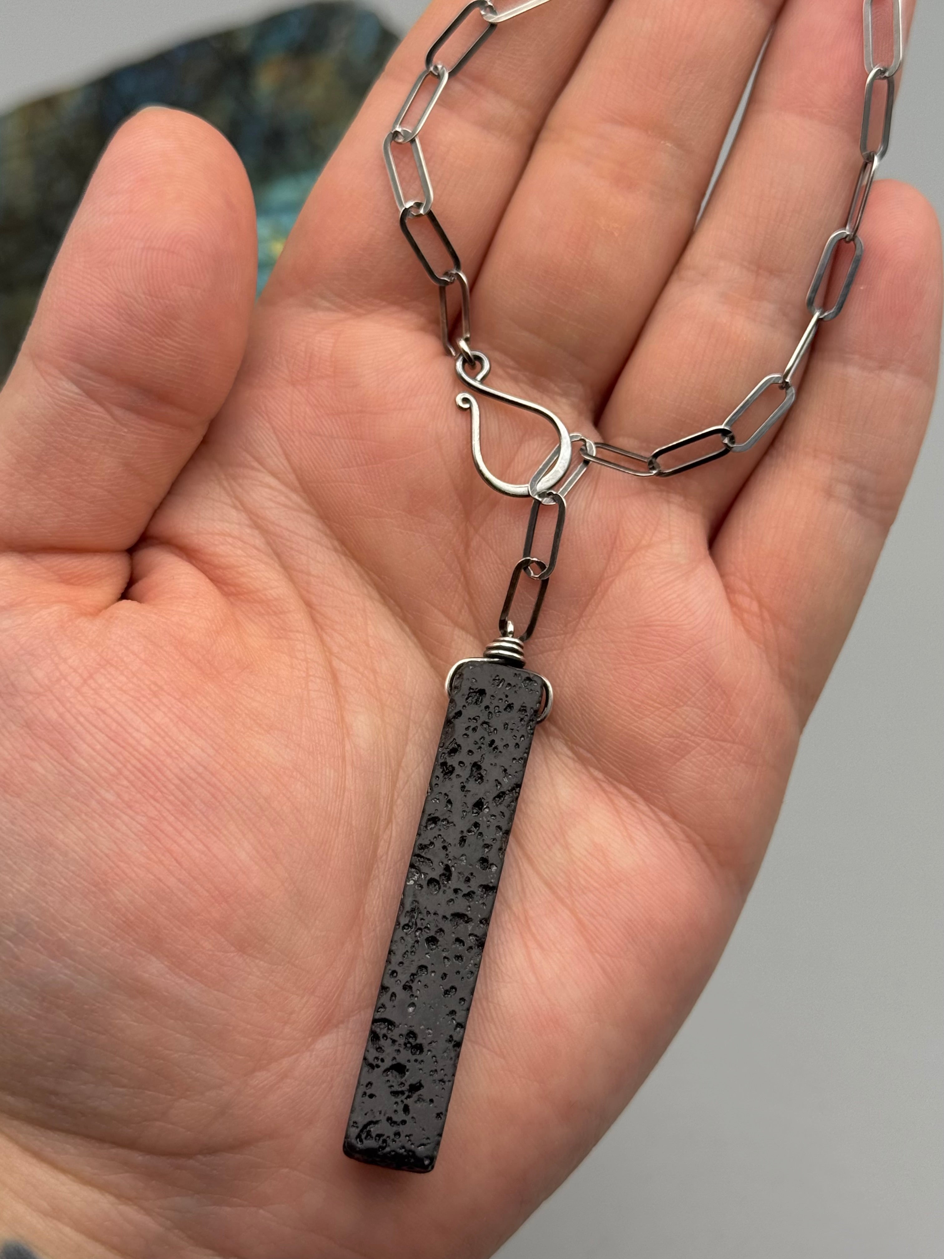 •LINKED• black lava + silver necklace (ADJ to 19")