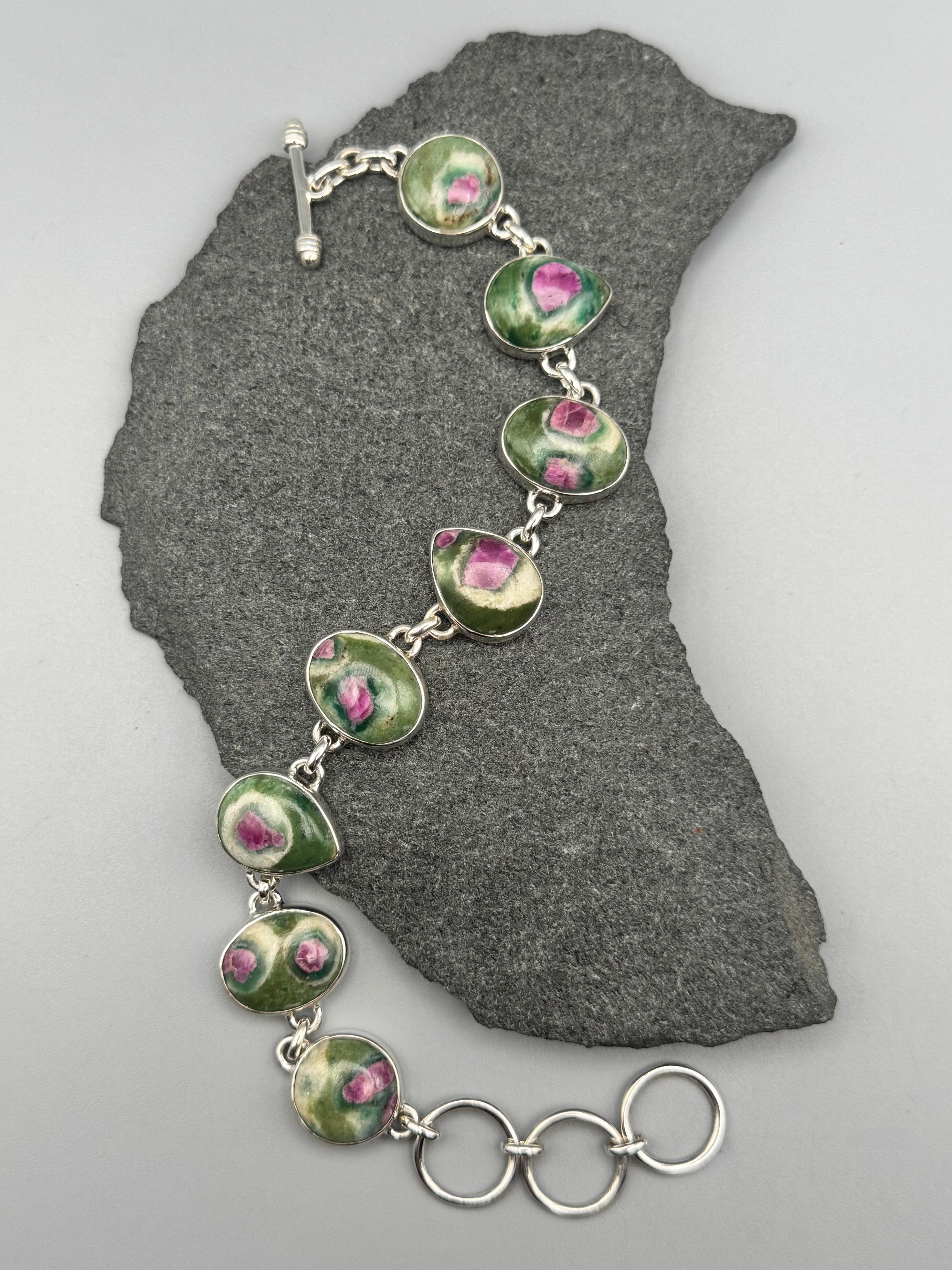 •RUBY FUCHSITE - GEO MIX• linked silver bracelet (7.25" - 8.5")