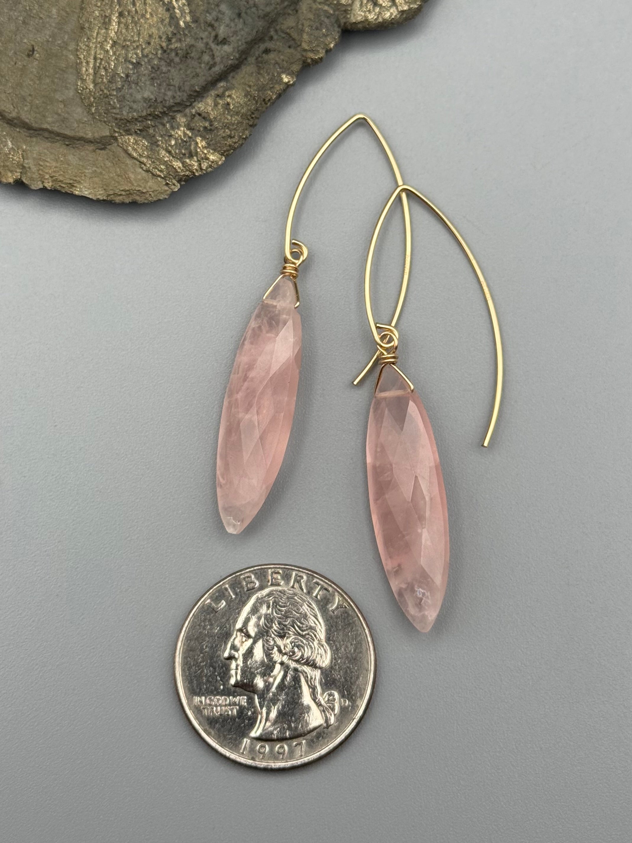 •STRAY• rose quartz marquise + gold earrings