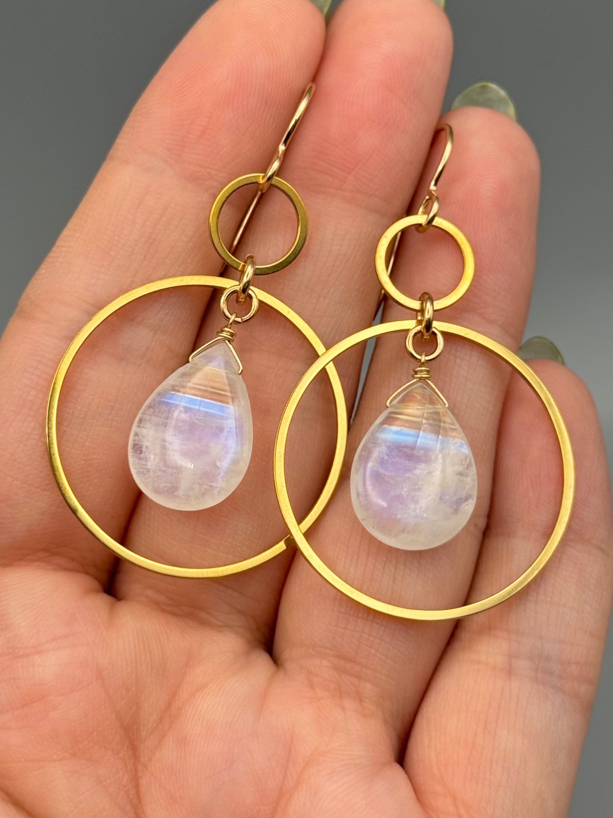 •EQUA-LUNA• rainbow moonstone tear + gold earrings