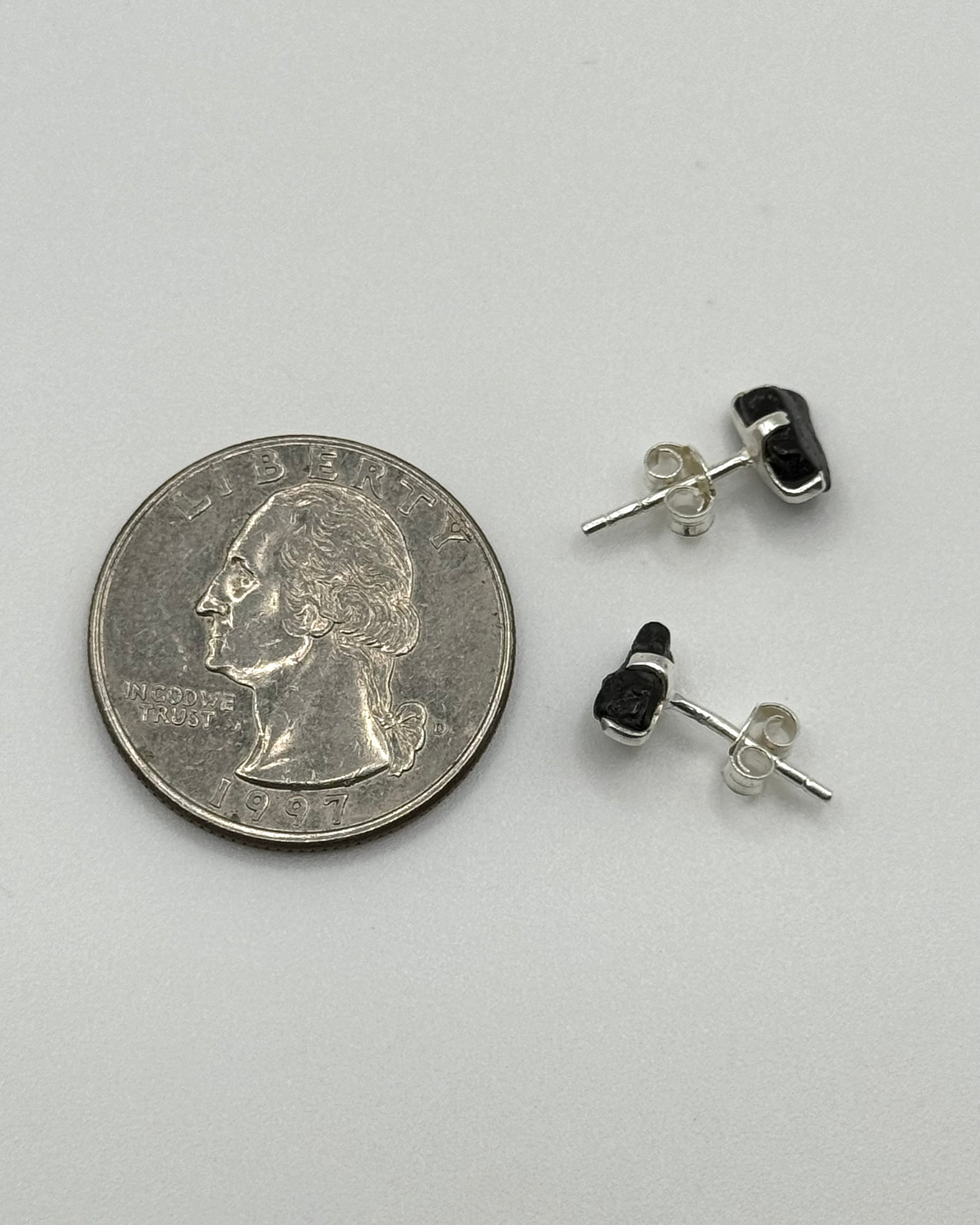 •BLACK TOURMALINE - FREEFORM• silver prong set stud earrings