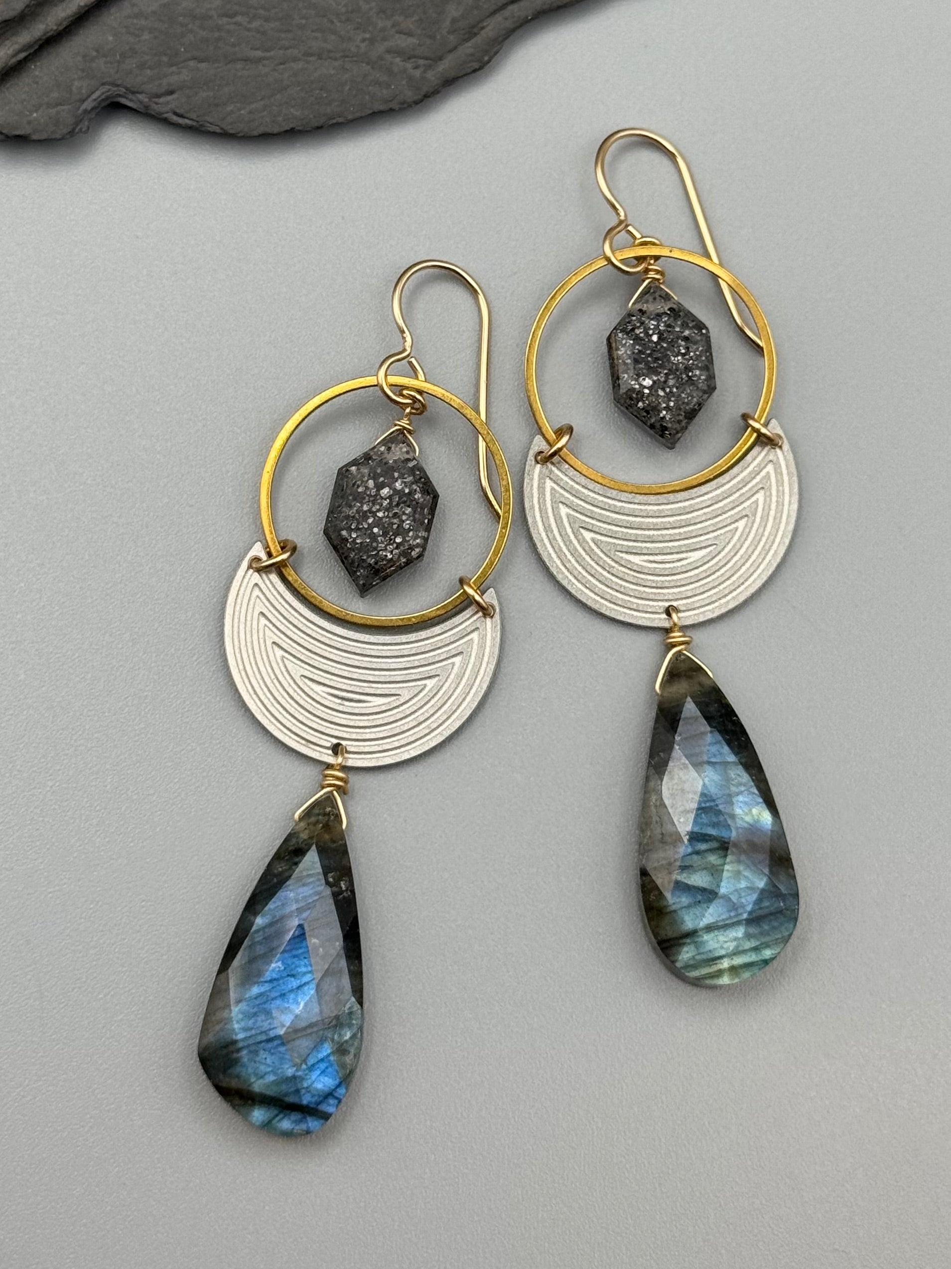 •MOON SHADOW• black aventurine + labradorite mixed metal earrings