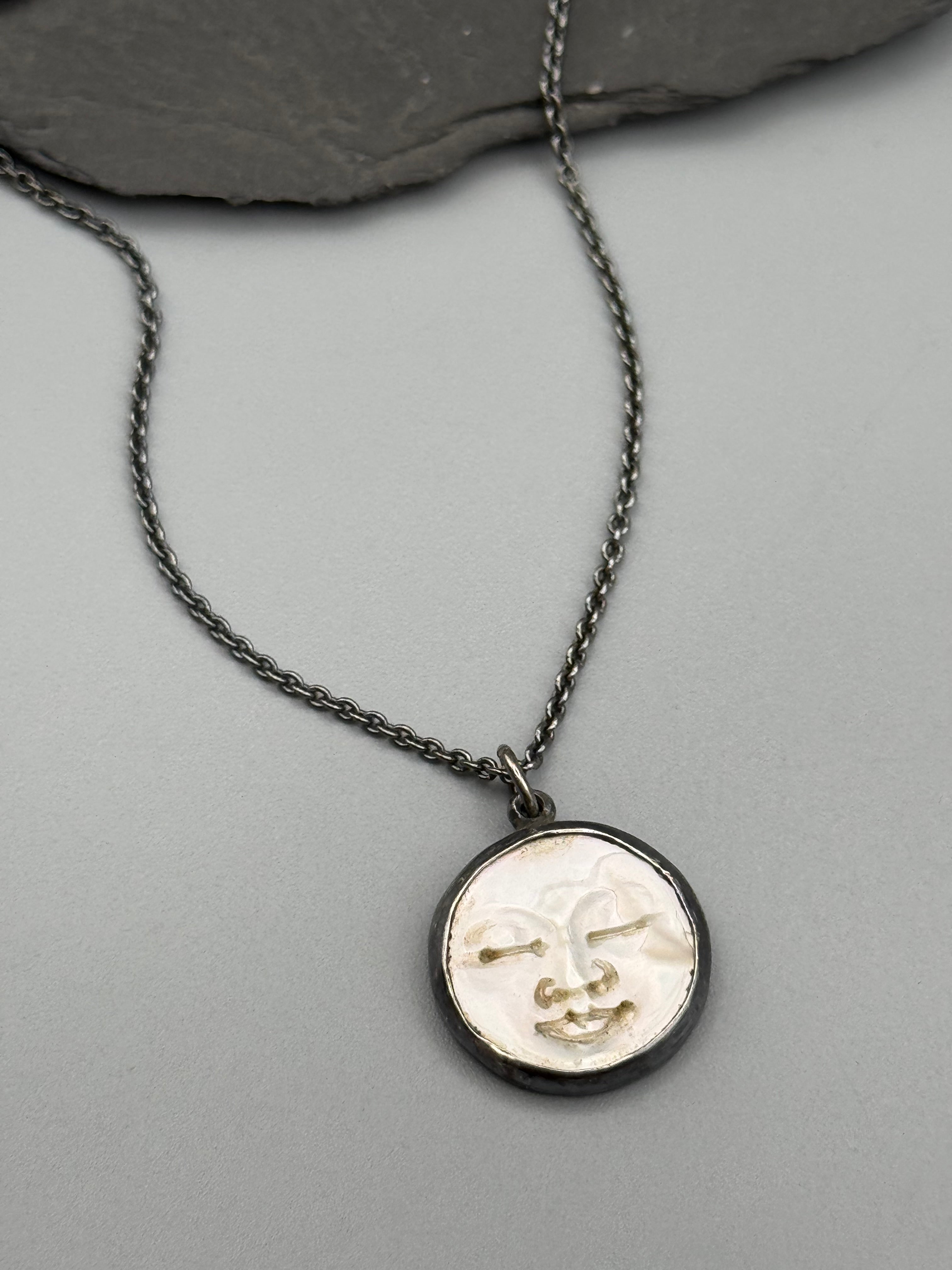 •PEARLESCENT LUNA• carved mother of pearl + silver necklace (16" long)