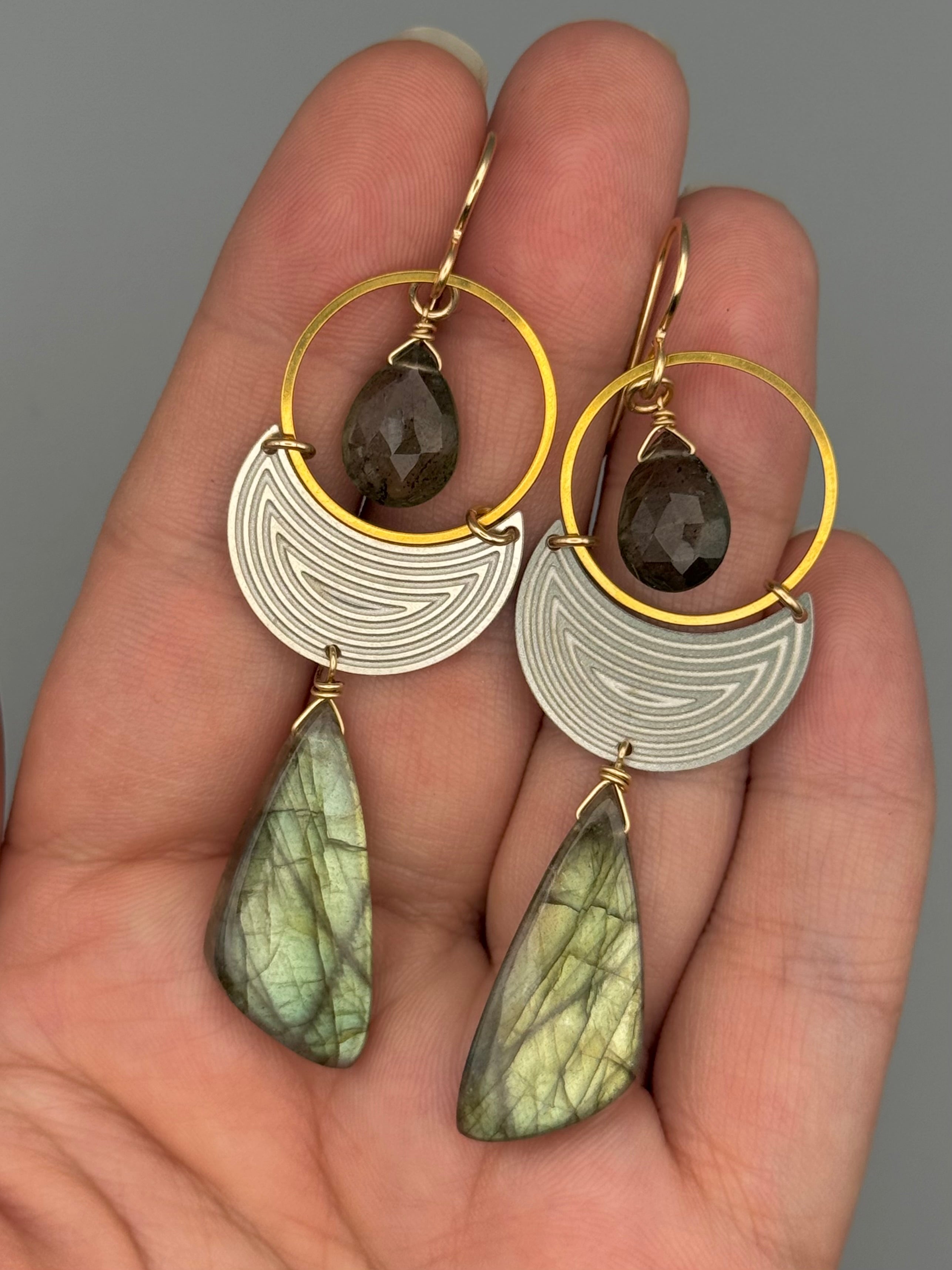 •MOON SHADOW• moss aquamarine + labradorite mixed metal earrings