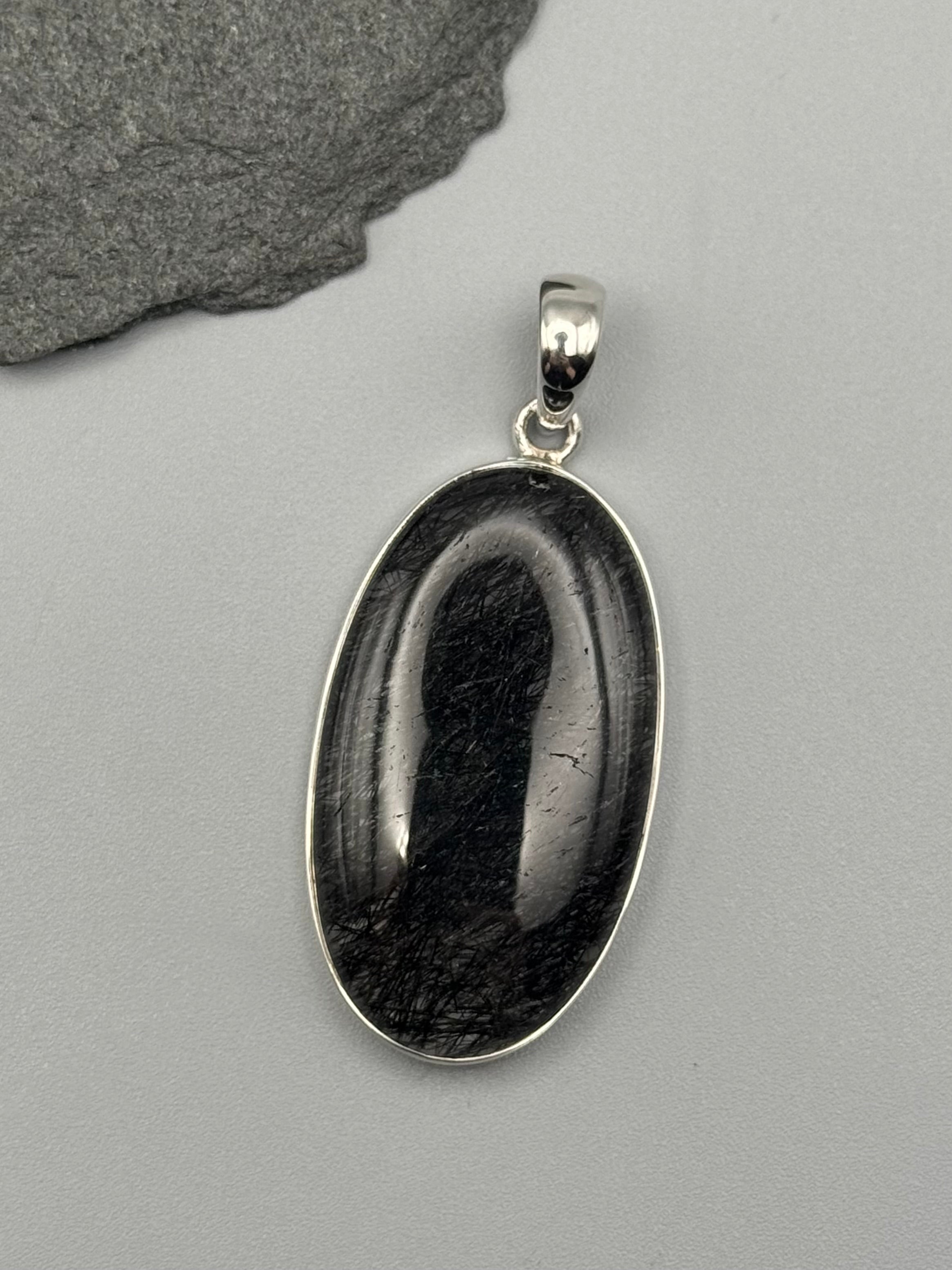 •TOURMALINATED QUARTZ - OVAL 2• sterling silver pendant