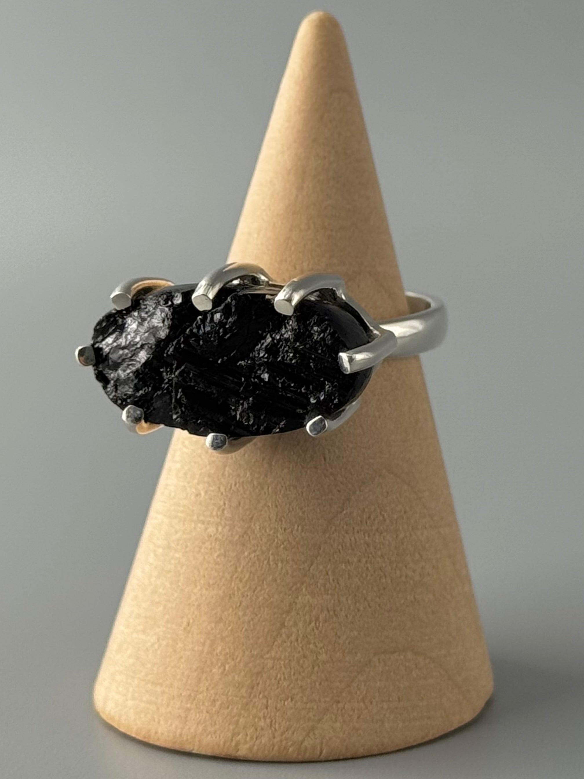 •BLACK TOURMALINE - BATTLESHIP• prong set silver ring (size 8)