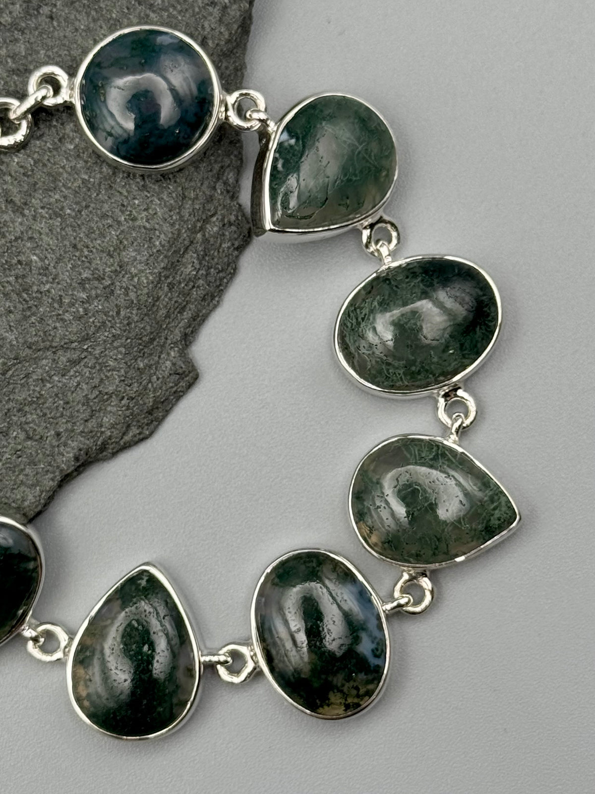 •MOSS AGATE - GEO MIX• linked silver bracelet (7.5" - 9")