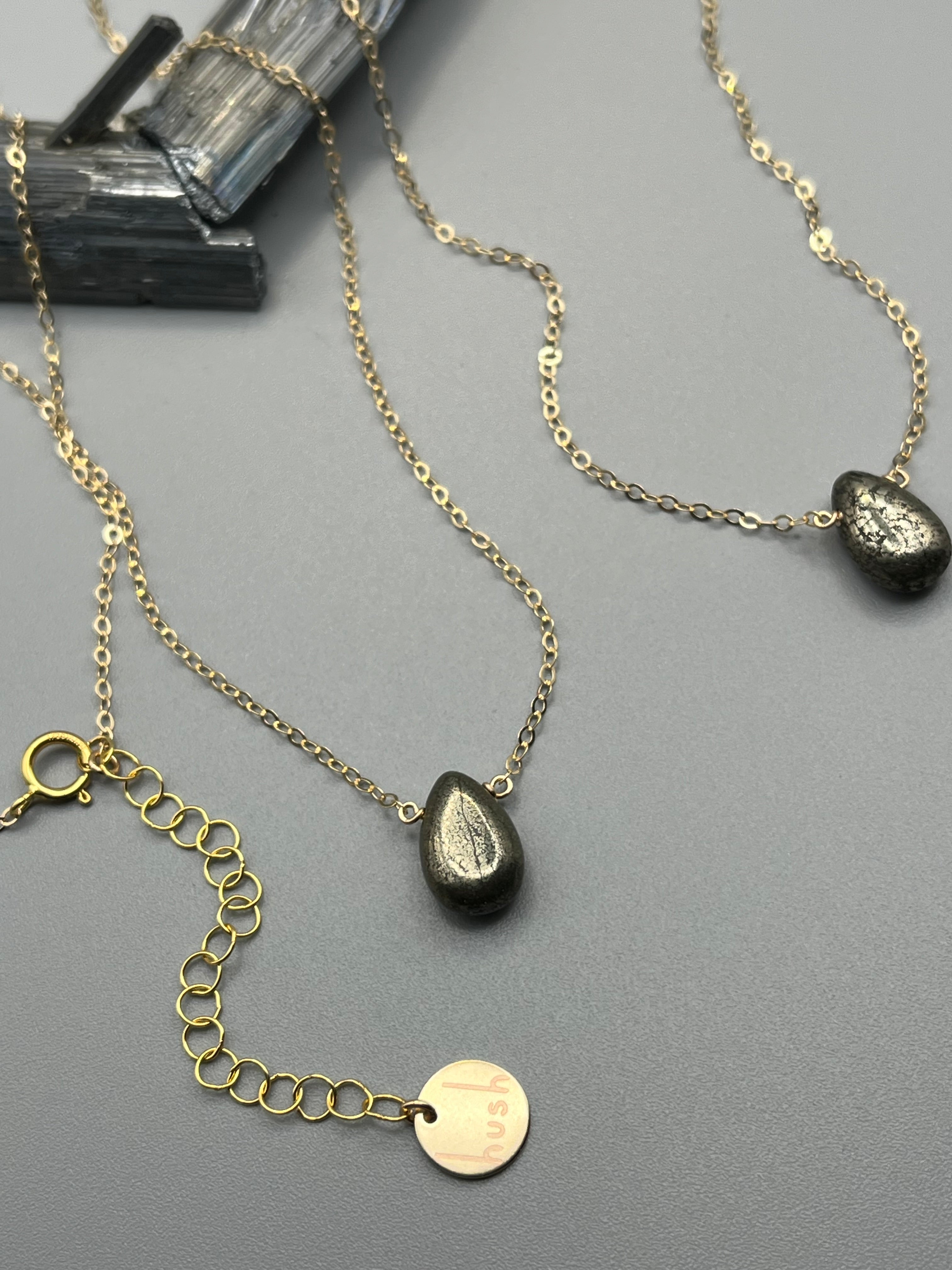 •STRAY• pyrite teardrop + gold necklace