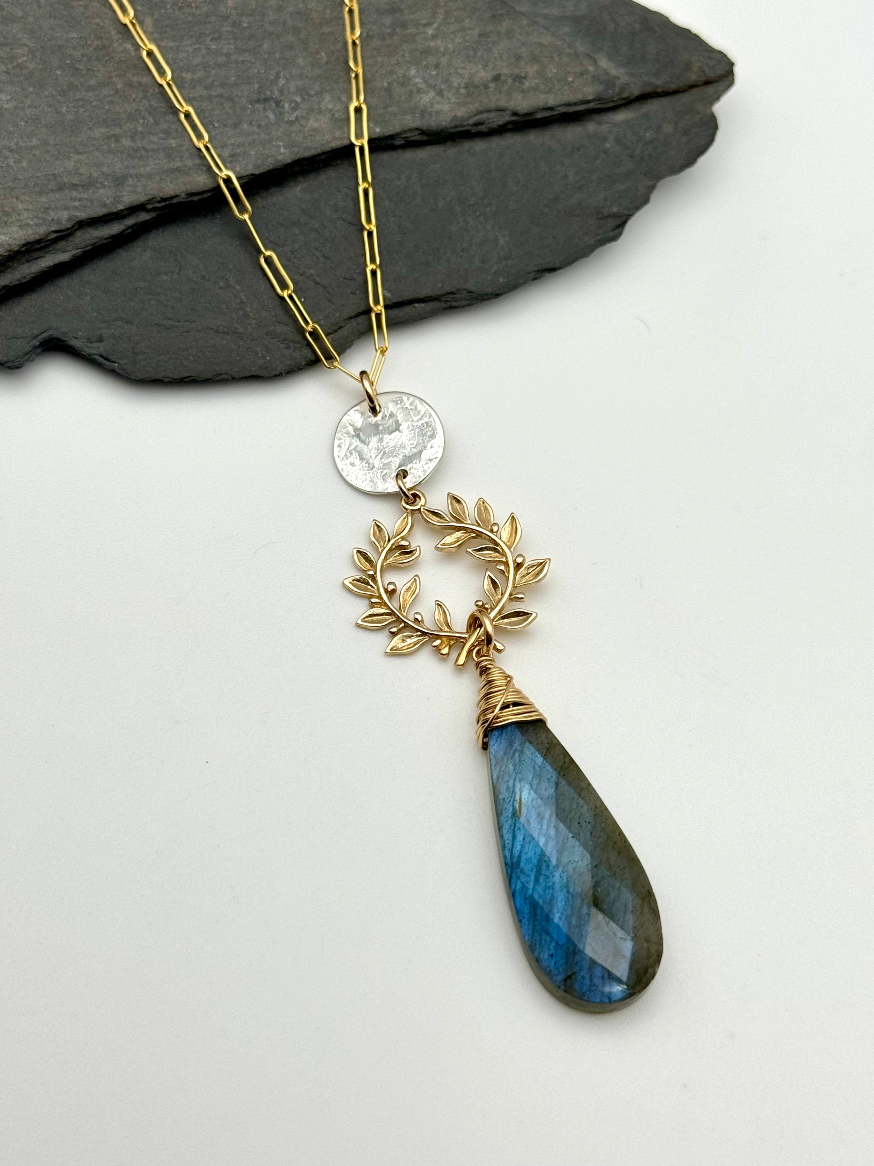 •ALCHEMY• labradorite + laurel leaves + mixed metal necklace (26"-28" long)