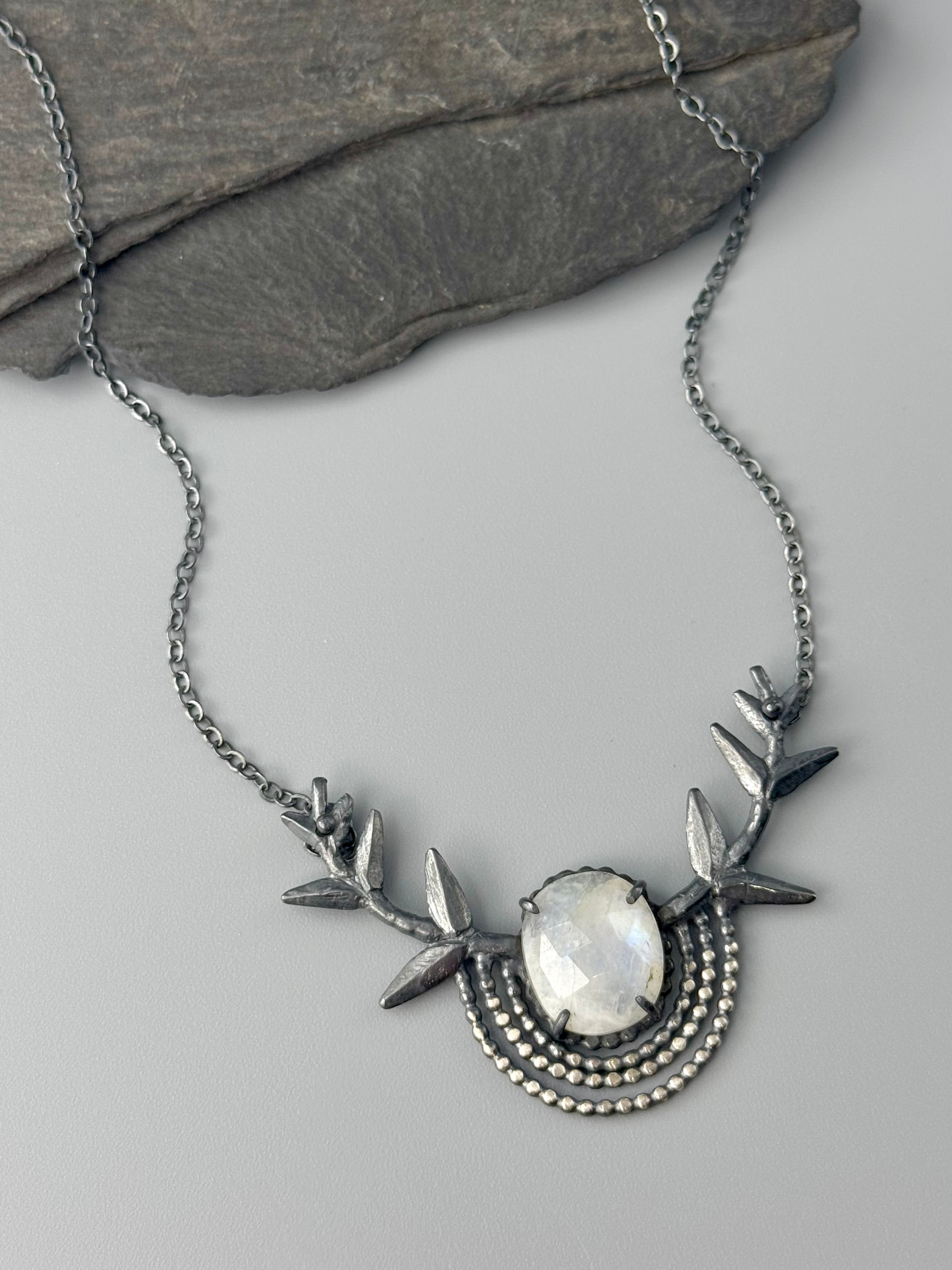•BRANCHED OUT• rainbow moonstone oval + branches + silver necklace (18" long)