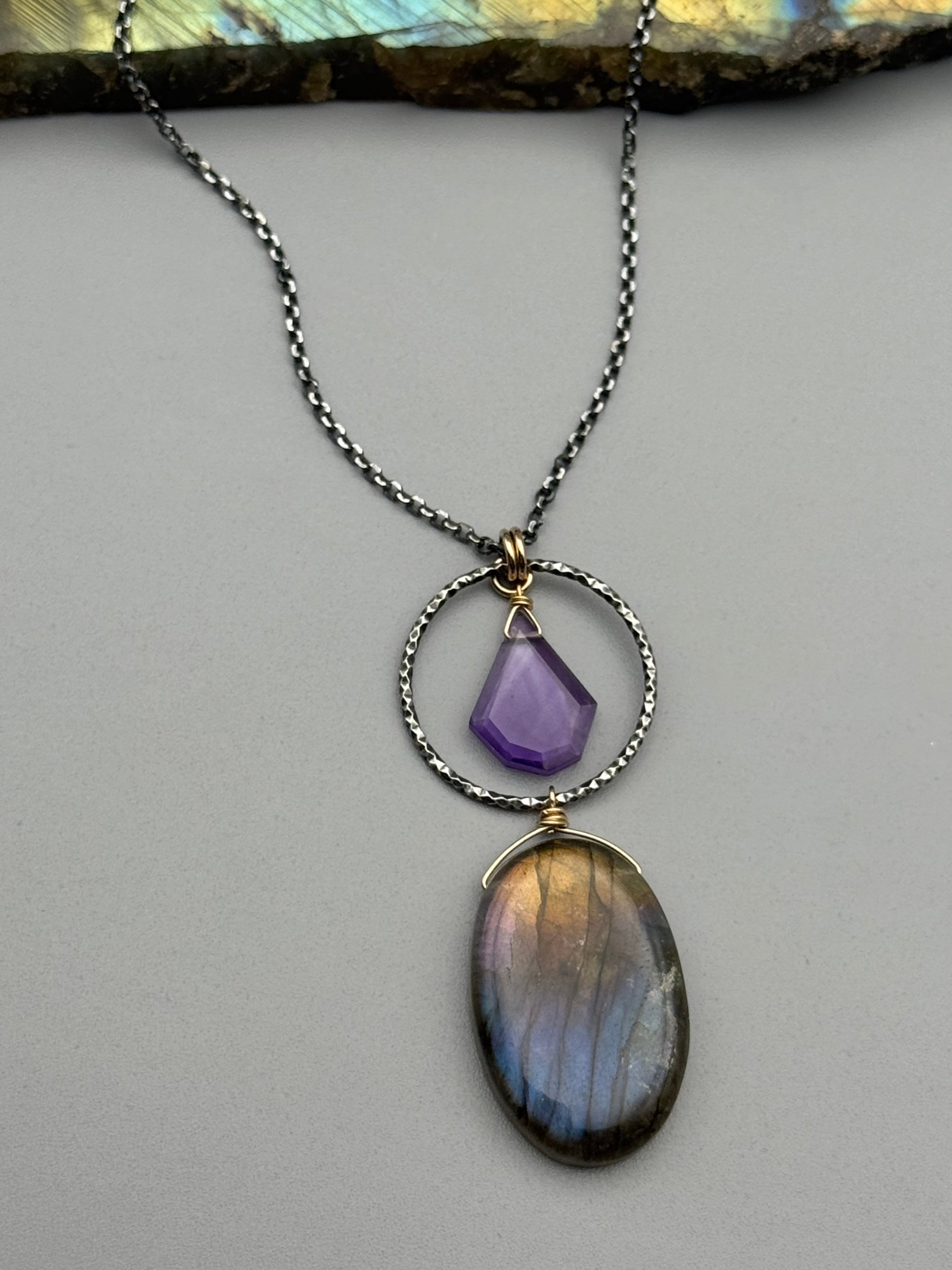 •LUNA• amethyst + labradorite mixed metal necklace (16"-18" long)