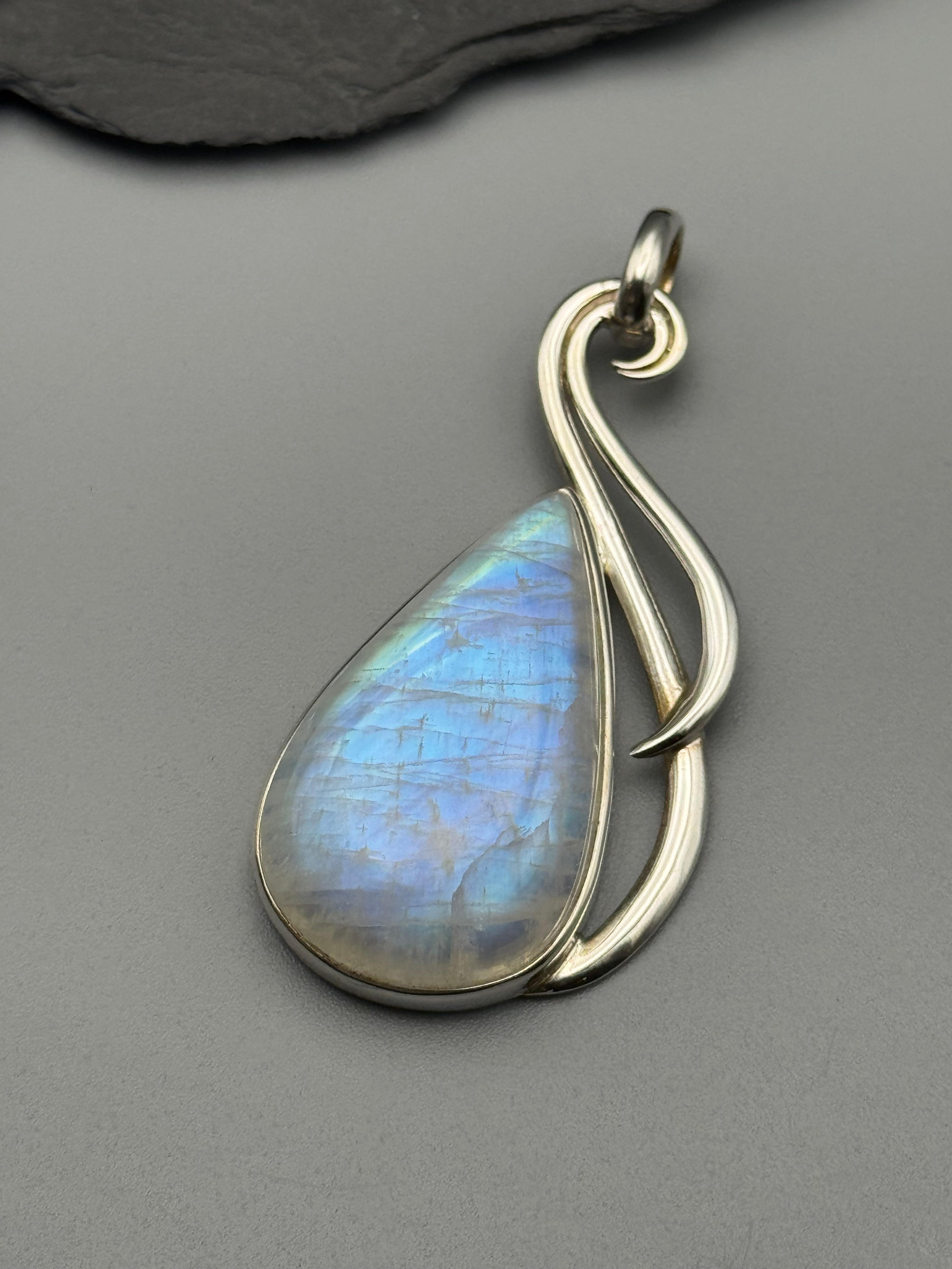 •RAINBOW MOONSTONE TEAR - LARGE FLOURISH• sterling silver pendant