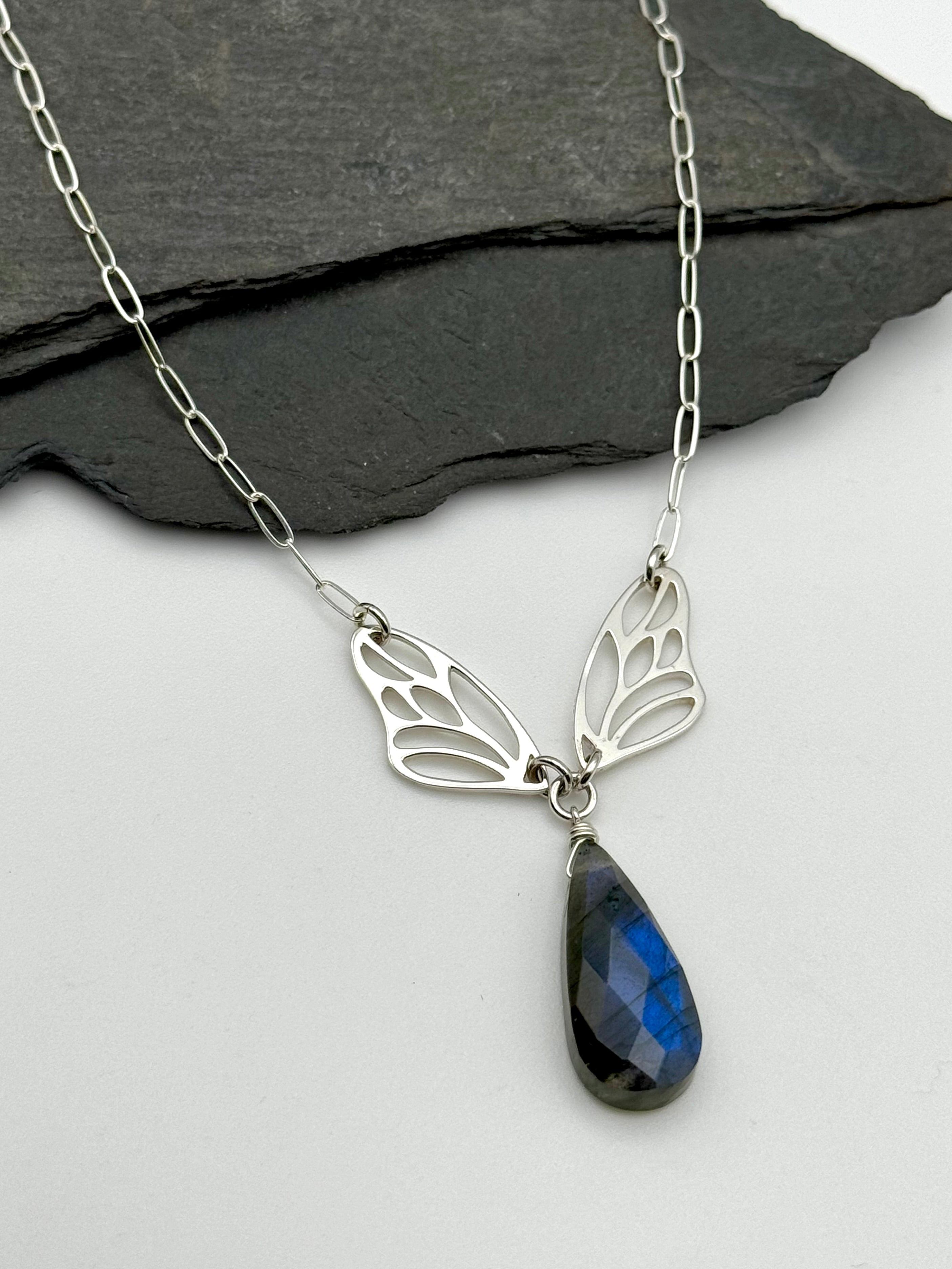 •METAMORPH• labradorite + wings + silver necklace (18"-20" long)