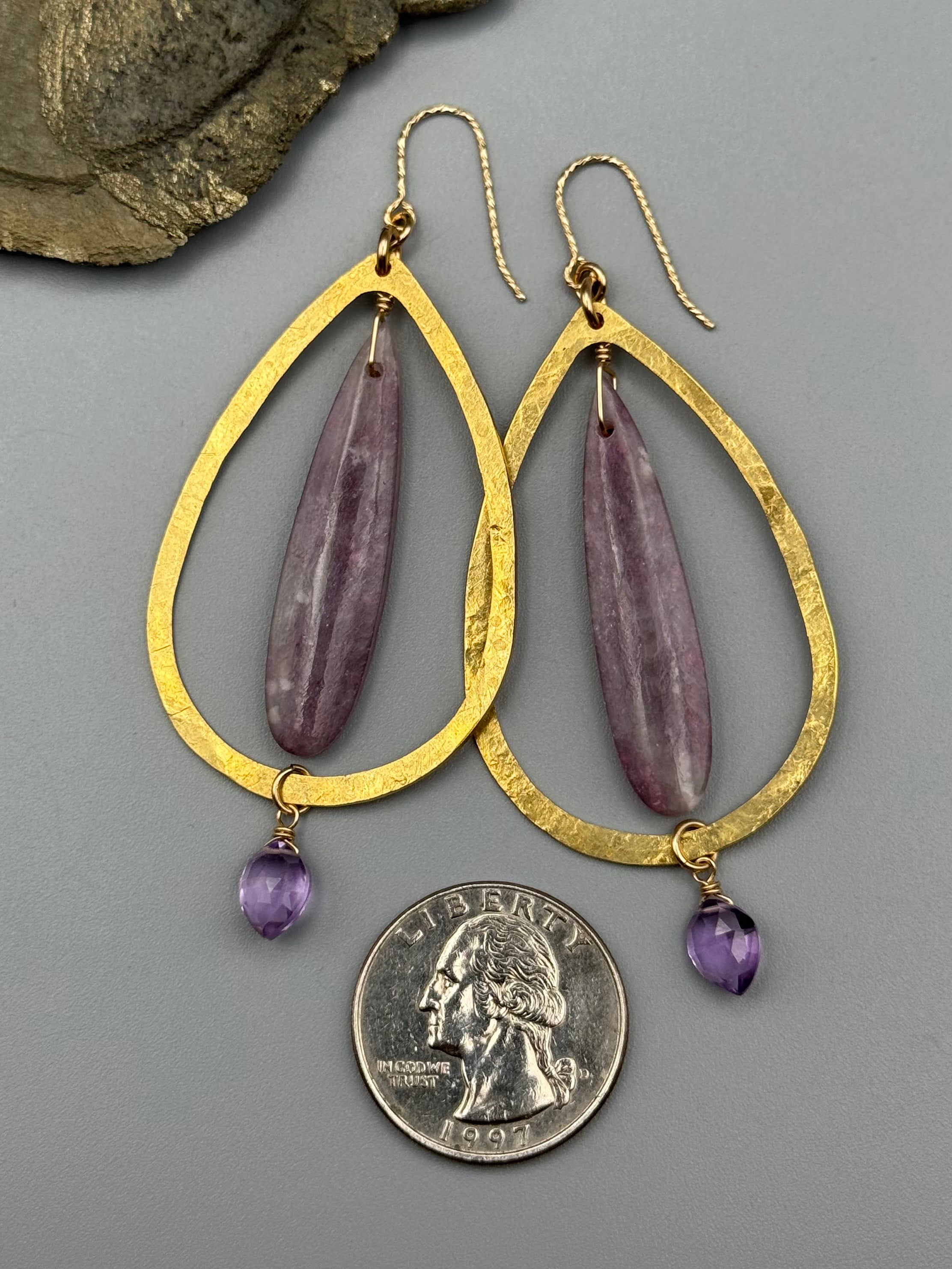 •DRIP DROP• tourmaline in lepidolite + amethyst gold earrings