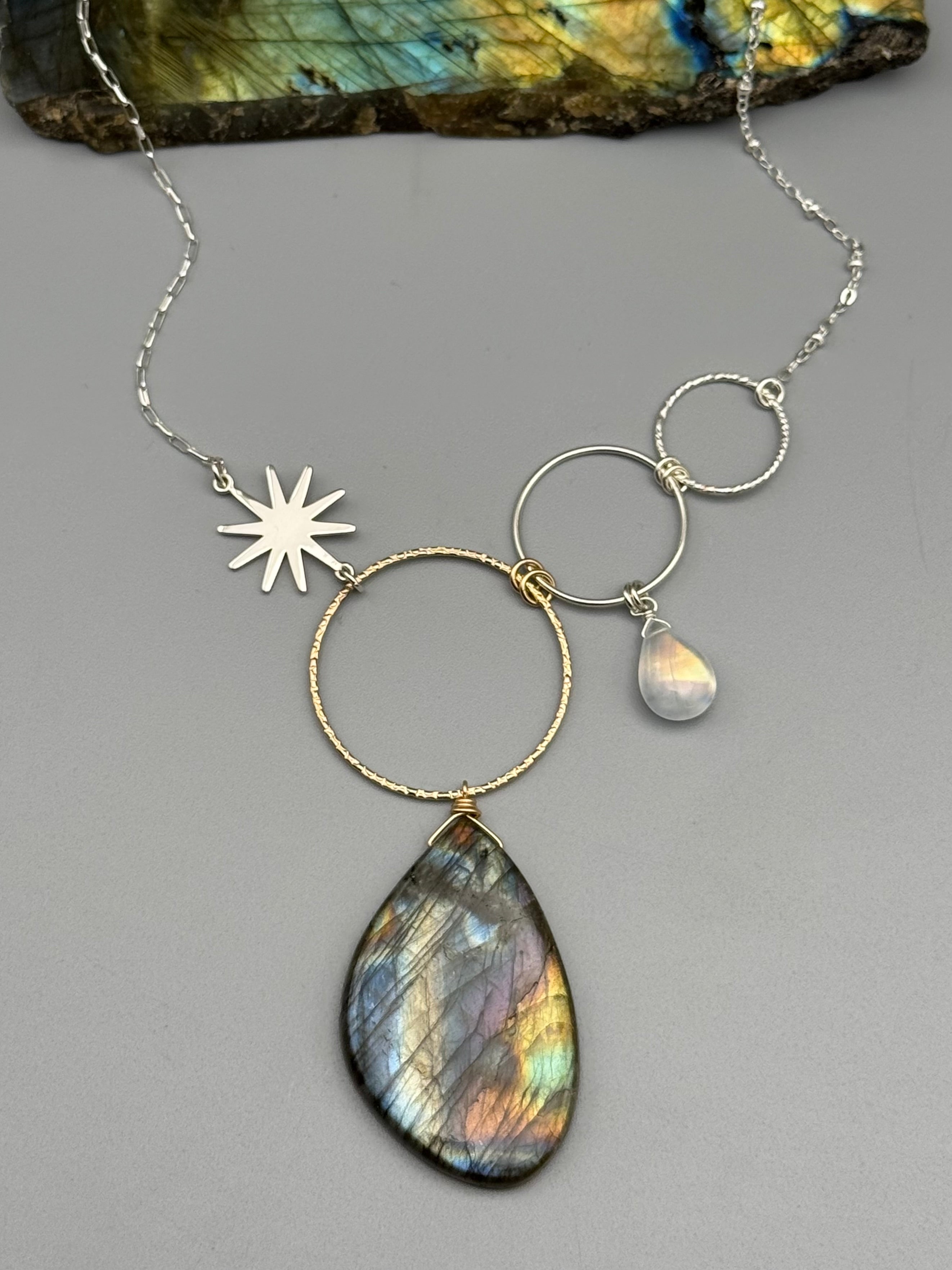 •UNION• rainbow moonstone + labradorite mixed metal necklace (16"-18" long)