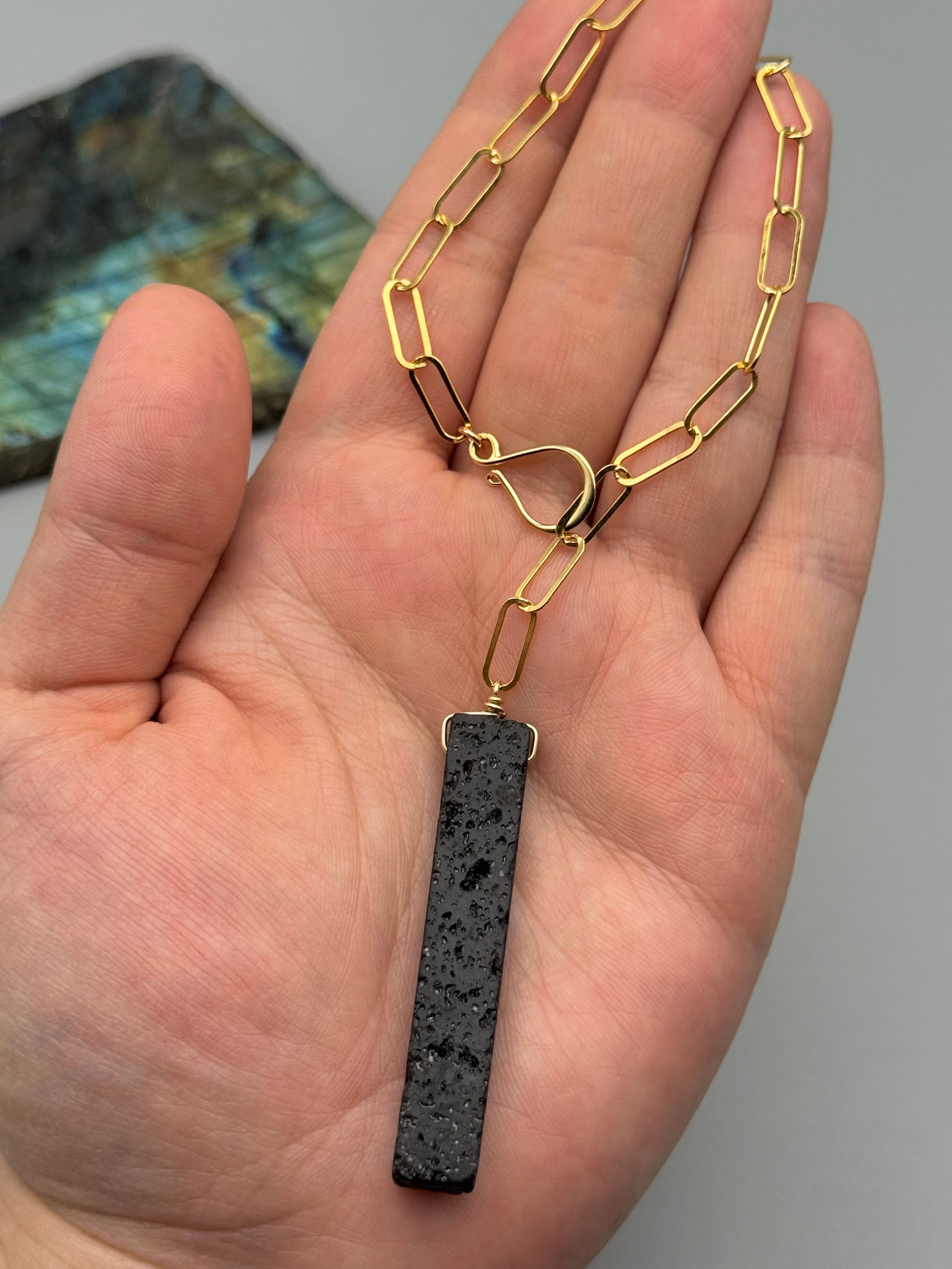 •LINKED• black lava + gold necklace (ADJ to 19")