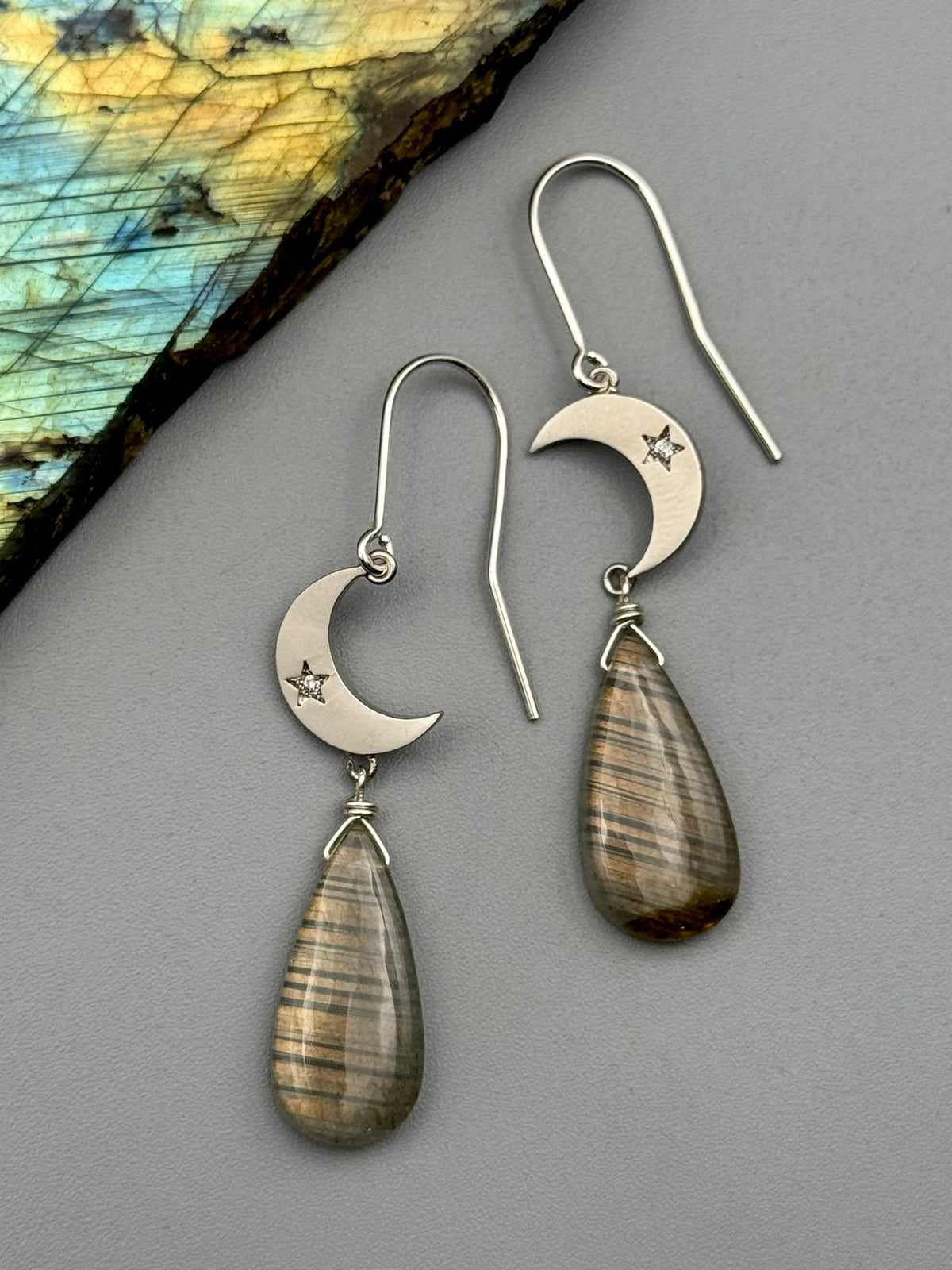 •CRYSTAL CRESCENT• golden labradorite tear + silver earrings